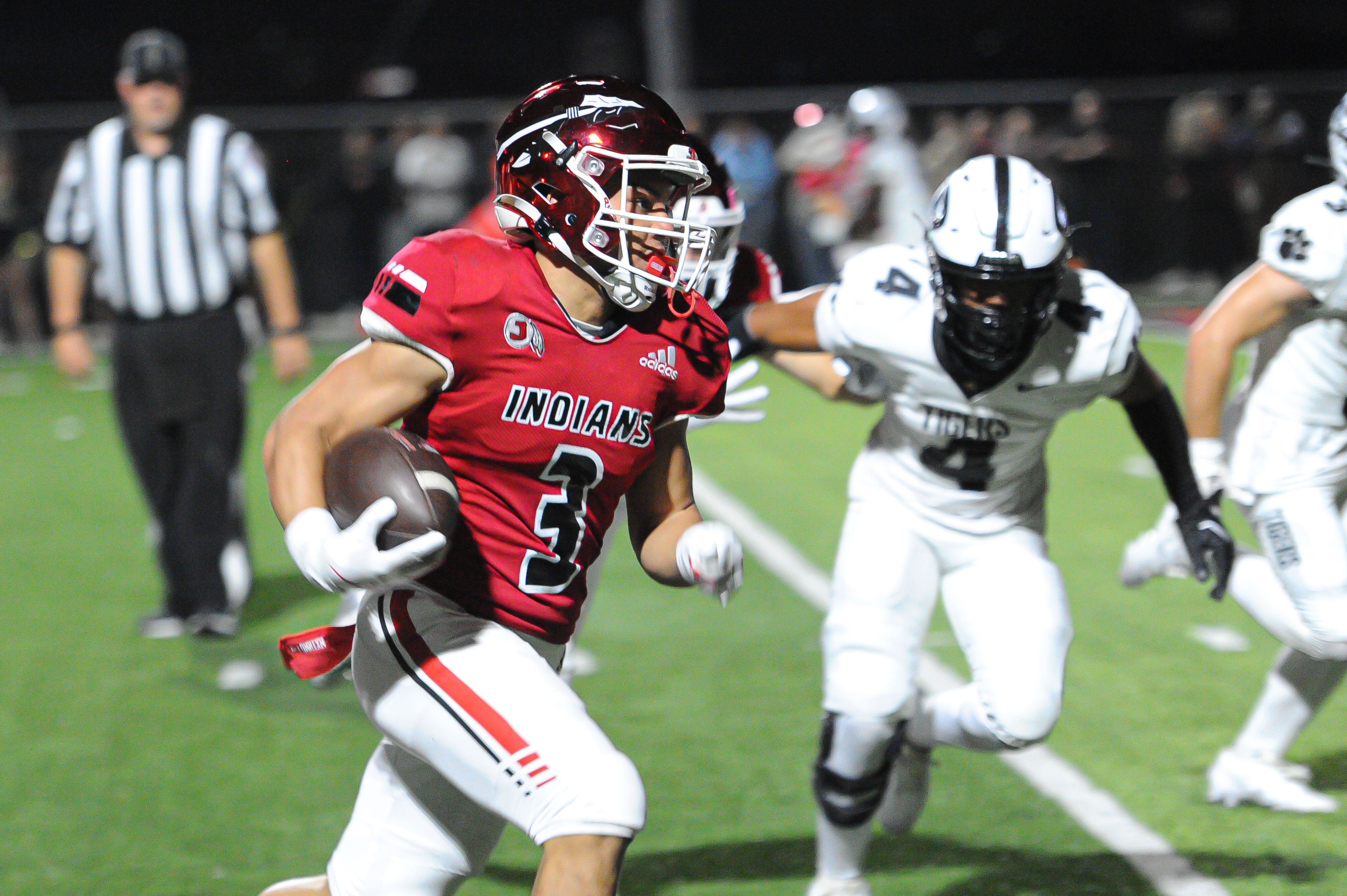 Jackson's Jaylon Hampton sets his eyes on the end zone during a Friday, October 25, 2024 game between the Jackson Indians and the Festus Tigers at "The Pit" in Jackson, Mo. Jackson defeated Festus, 43-7.