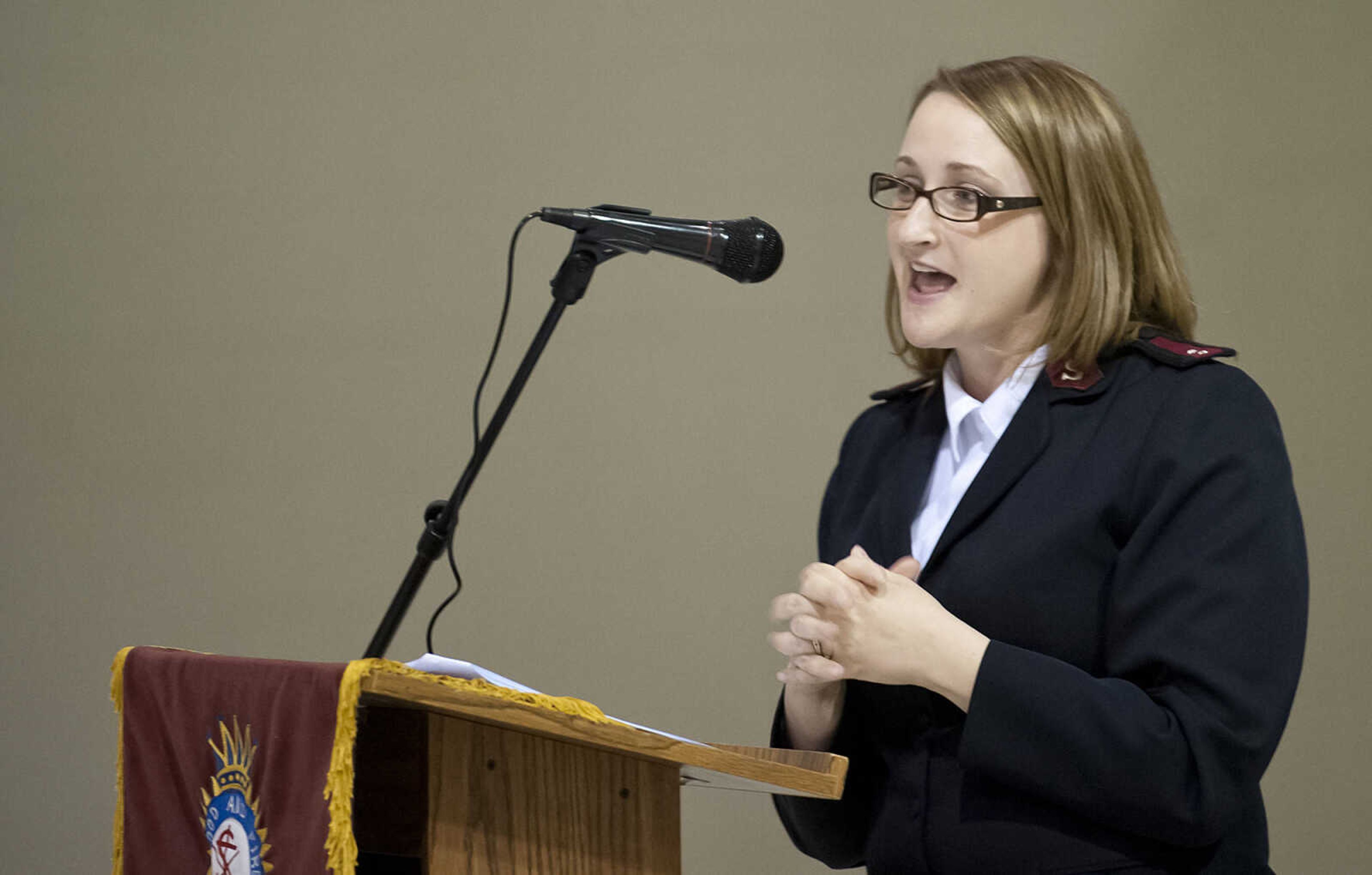 Capt. Bridgette Amick speaks during the Cape Girardeau Salvation Army's annual dinner, "A Night with the Stars," Thursday, May 8, at the Cape Girardeau Salvation Army.