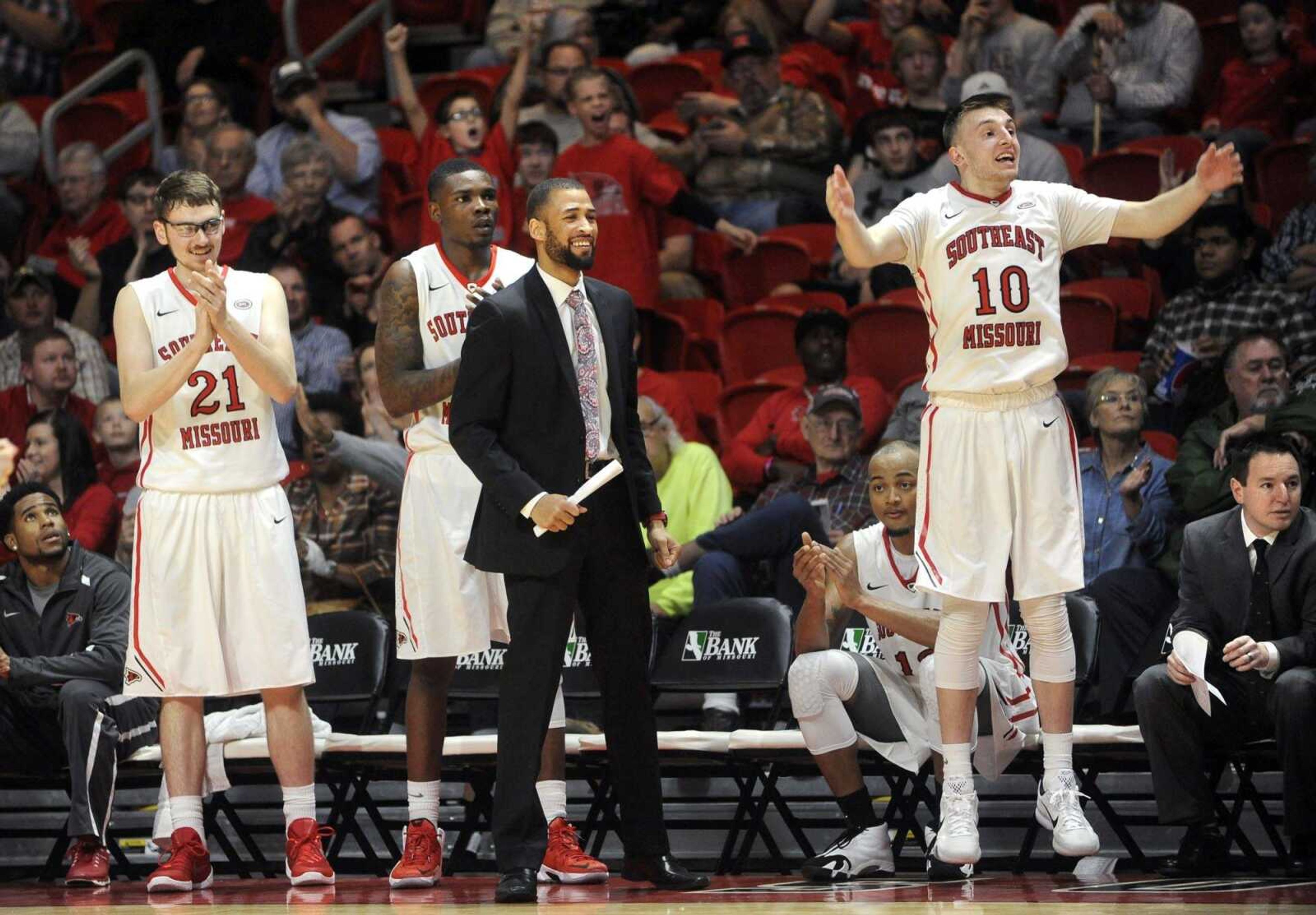 Southeast Missouri State players on the bench react to a play against Ole Miss during the second half Saturday, Dec. 12, 2015 at the Show Me Center. (Fred Lynch)