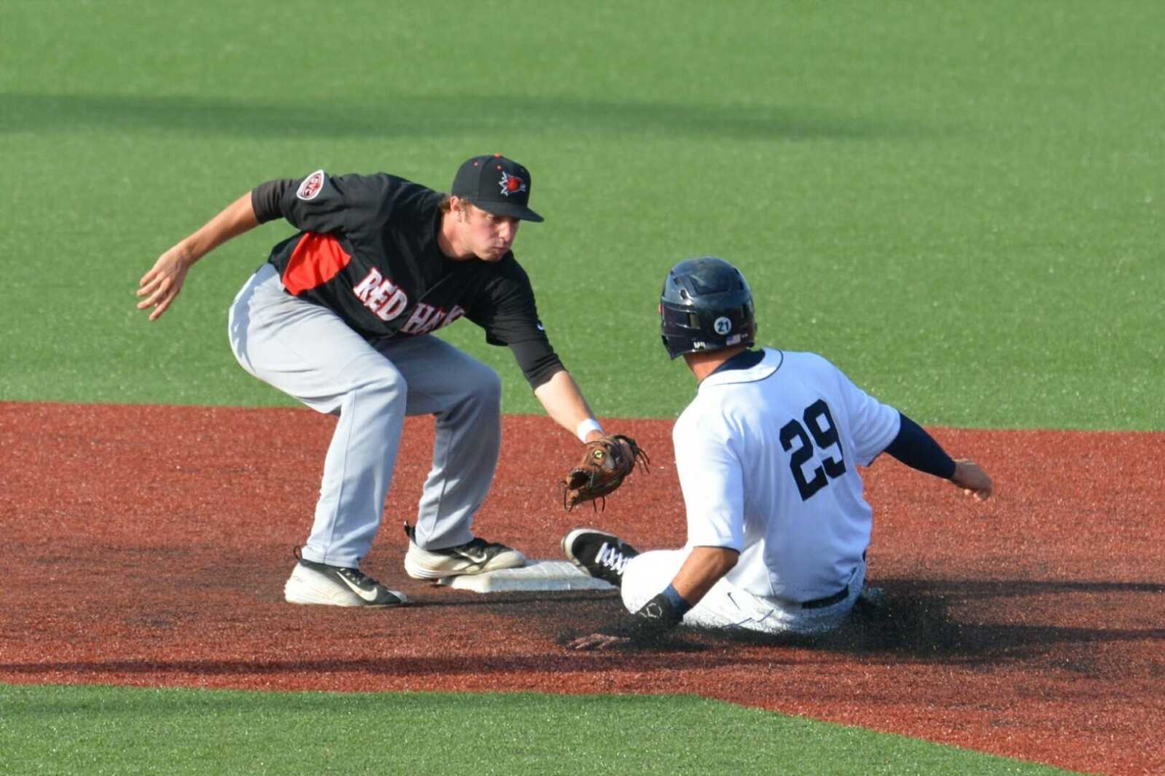 Southeast Missouri State shortstop Branden Boggetto tags out a Belmont runner attempting to steal second base during Friday's game in Nashville, Tennessee. (Wayne McPherson)