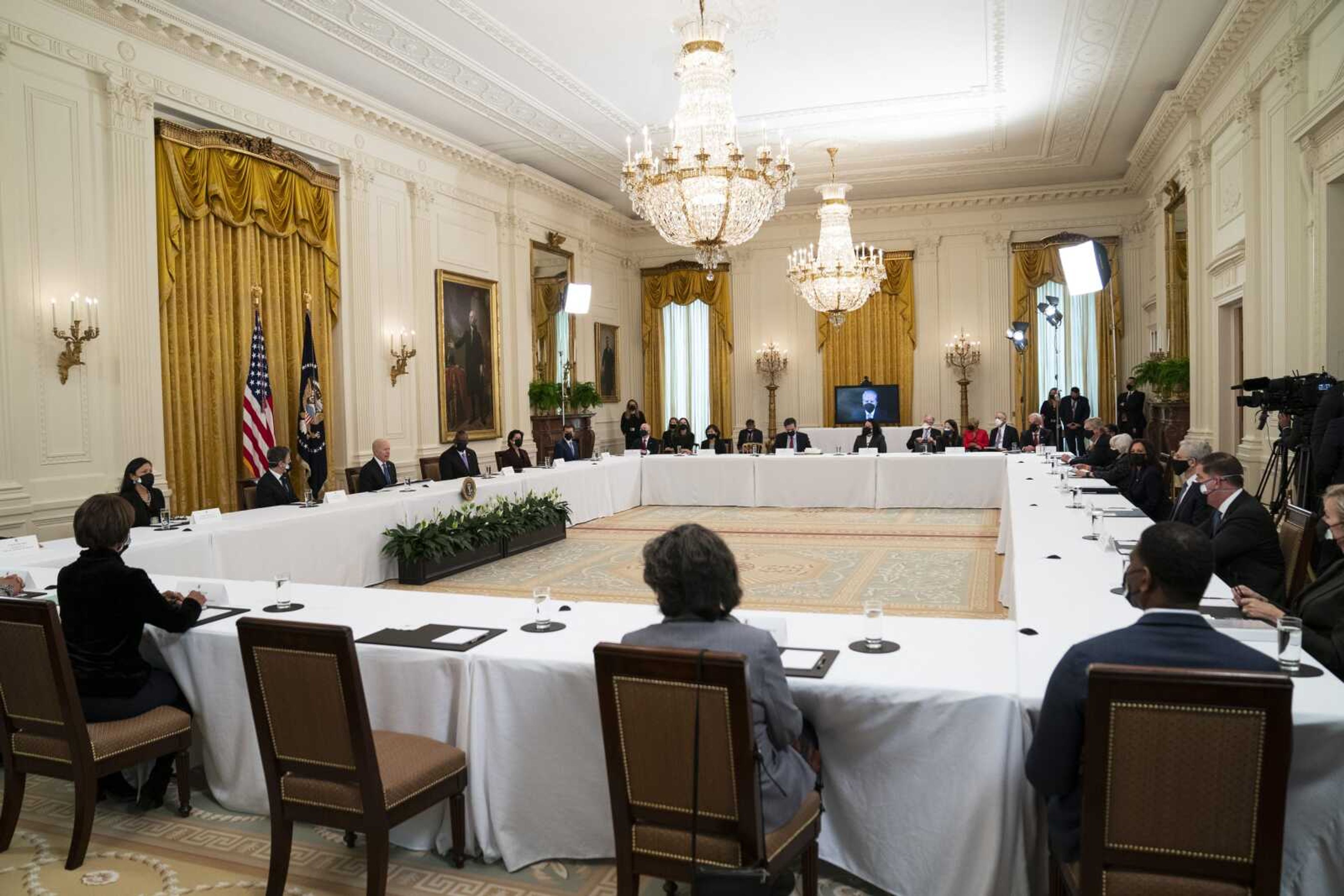 President Joe Biden speaks during a Cabinet meeting Thursday in the East Room of the White House in Washington.