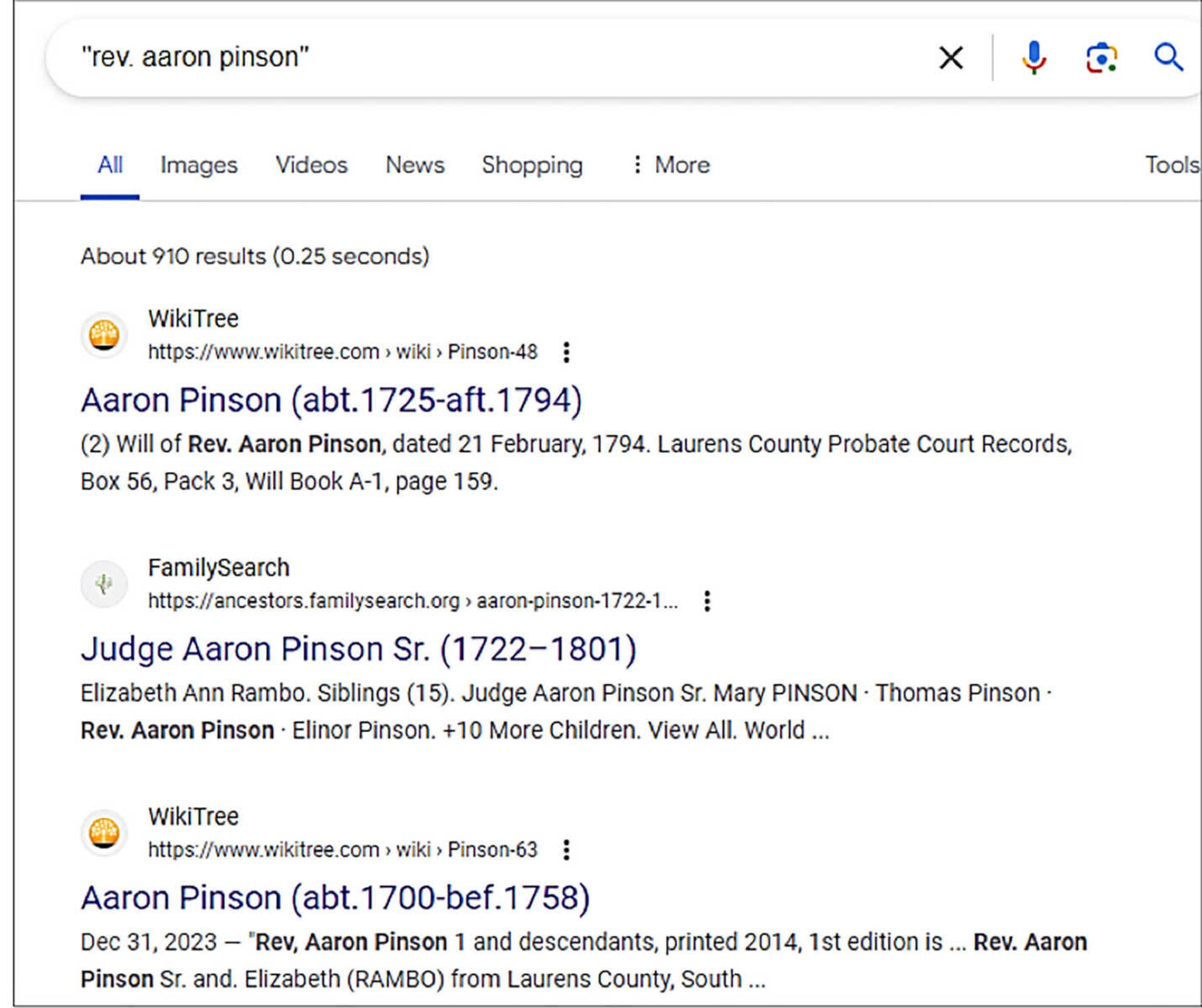 Top three results from a search for the text string “Rev. Aaron Pinson”. The image was generated using the PrtScn key and cropping the resulting image.