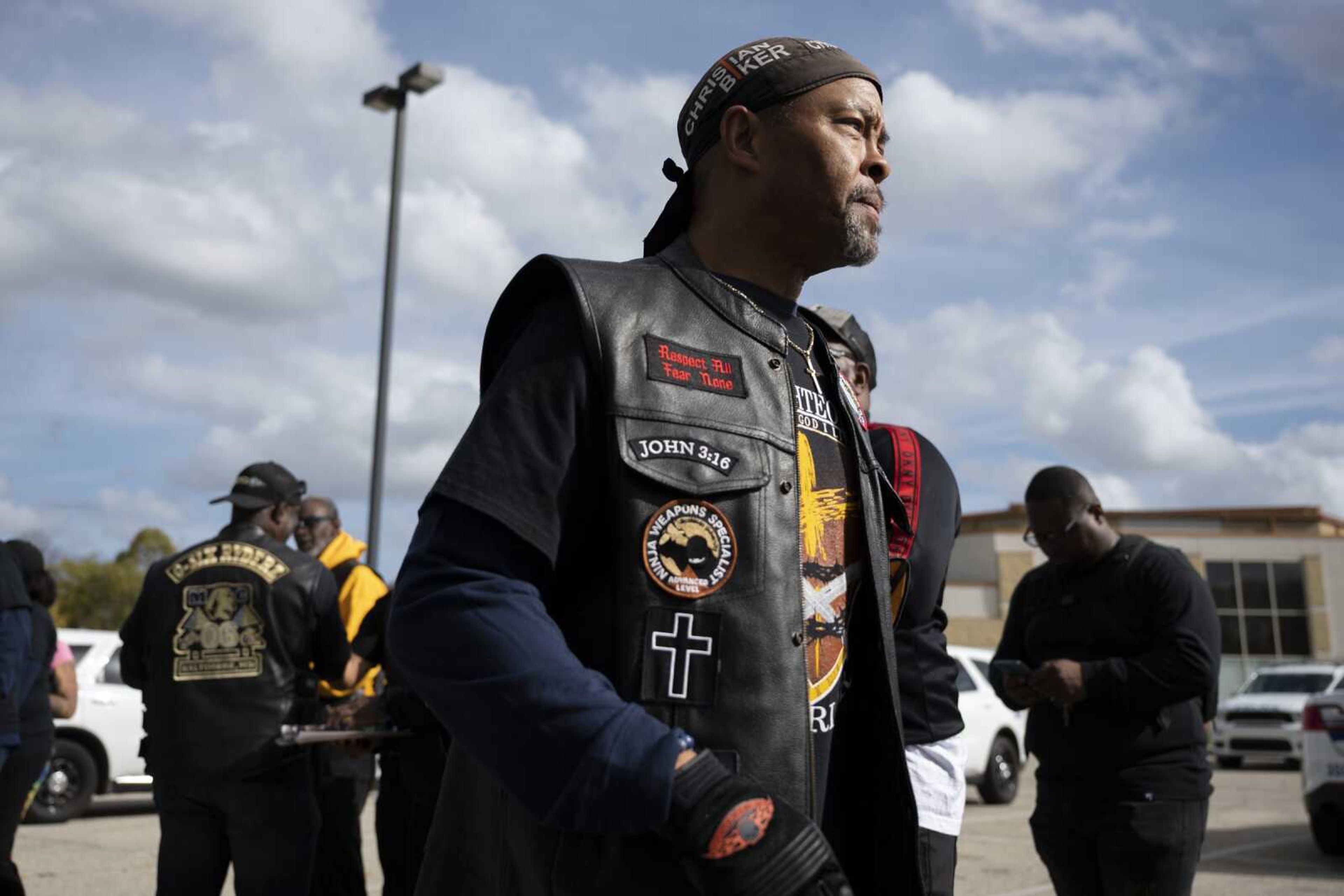 The Rev. Alyn Waller of Enon Tabernacle Baptist Church looks on after rallying fellow bikers for a "Black Bikers Vote" procession Saturday, Nov. 5, in Philadelphia.