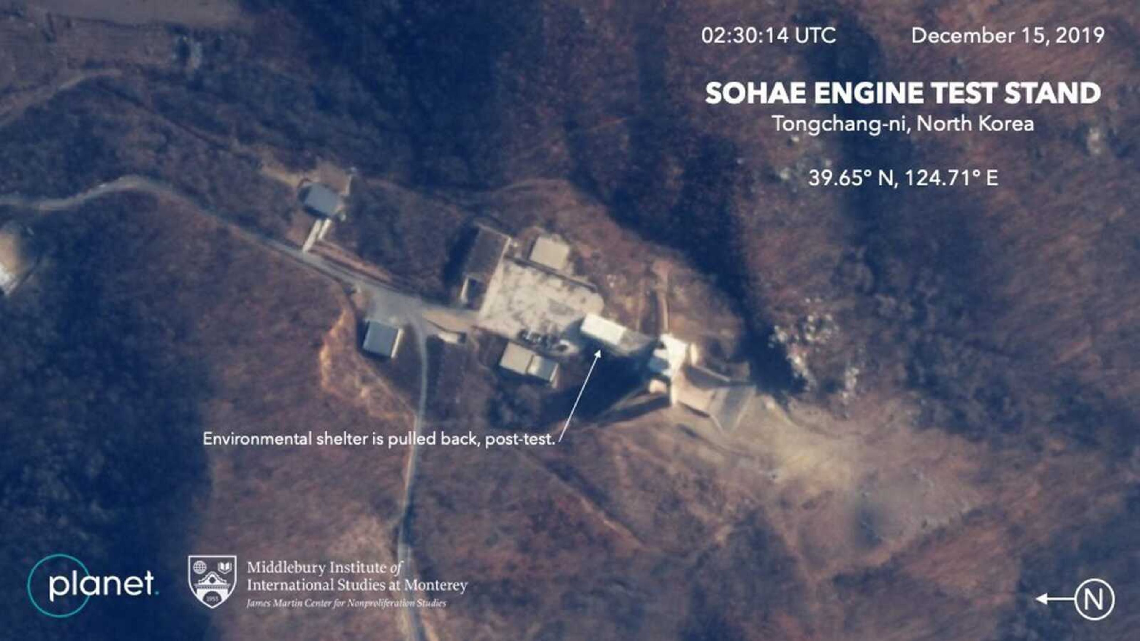 This Dec. 15, 2019, satellite image from Planet Lab Inc., that has been analyzed by experts at the Middlebury Institute of International Studies, shows the Sohae Engine Test Stand in Tongchang-ri, North Korea. This new satellite image on a North Korean missile-related site shows the construction of a new structure this month. (Planet Labs Inc, Middlebury Institute of International Studies via AP)