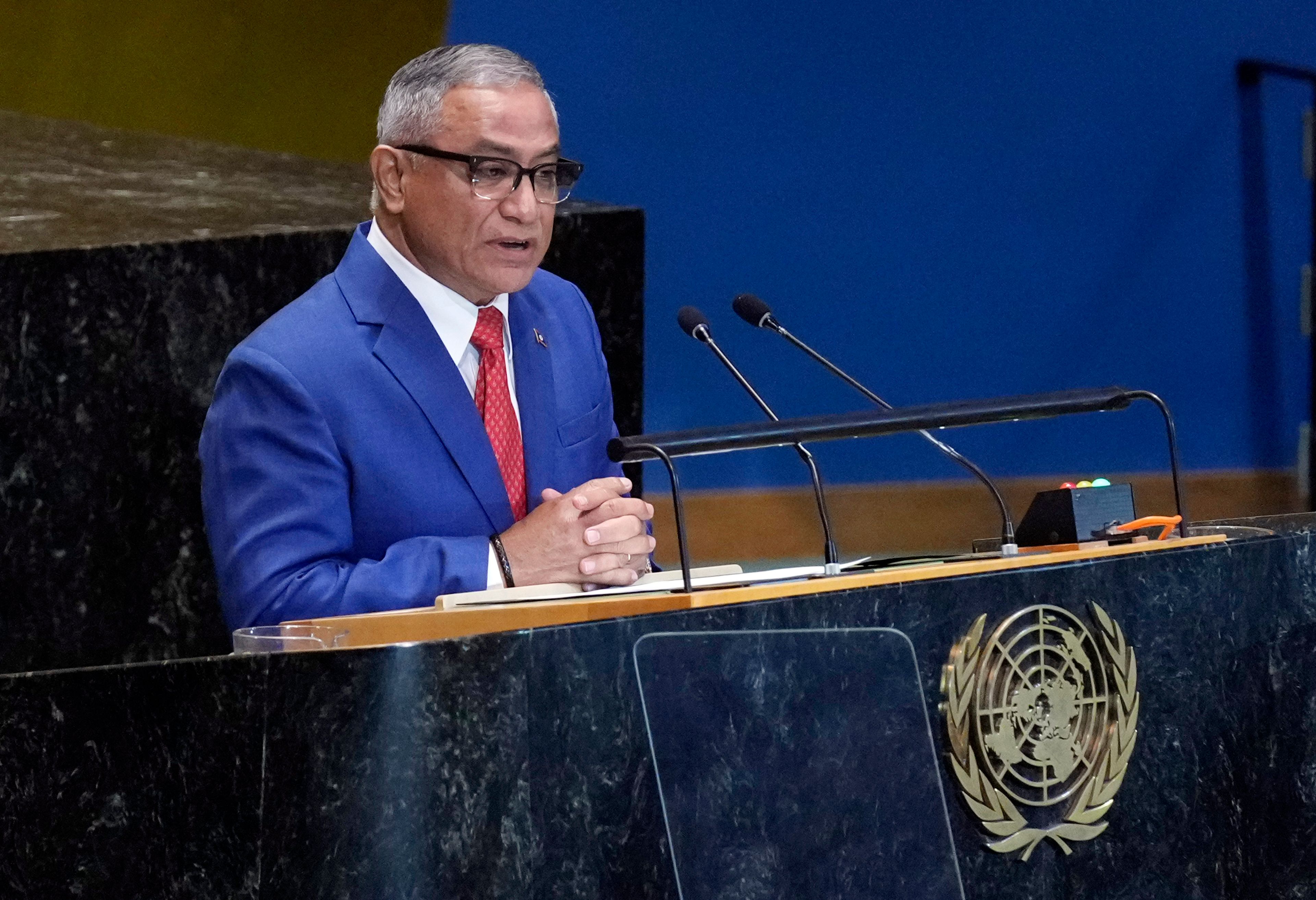 Prime Minister of Belize John Briceno addresses the the Summit of the Future, in the United Nations General Assembly, Monday, Sept. 23, 2024. (AP Photo/Richard Drew)