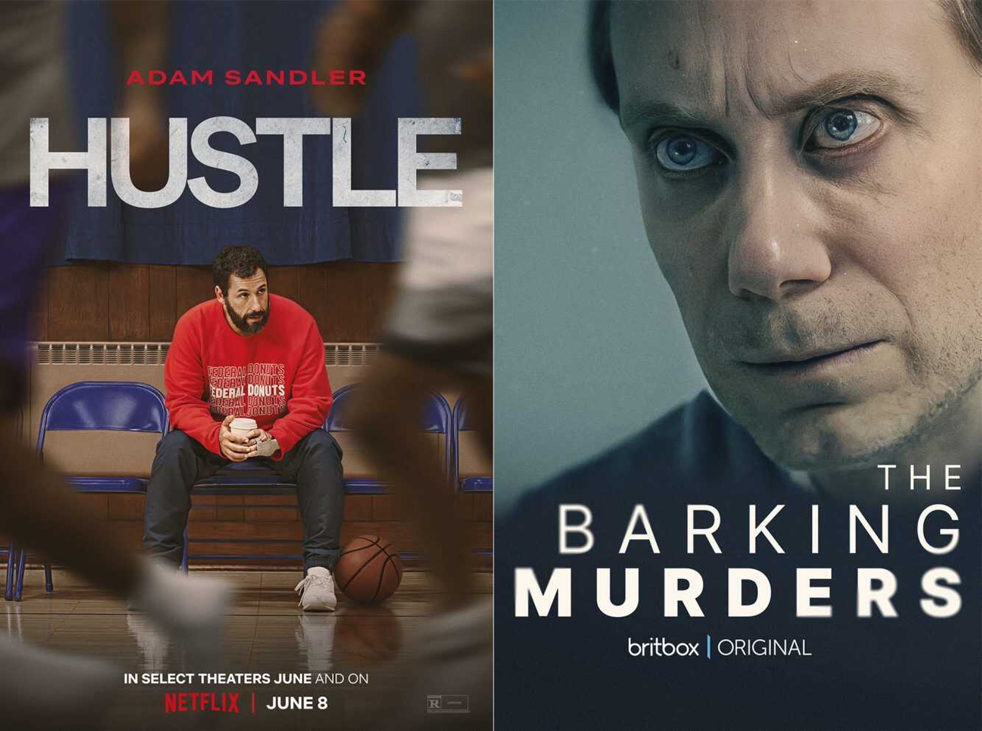 This combination of photos shows promotional art for "Hustle," a film premiering today on Netflix; and "The Barking Murders," which premiered Tuesday on BritBox.