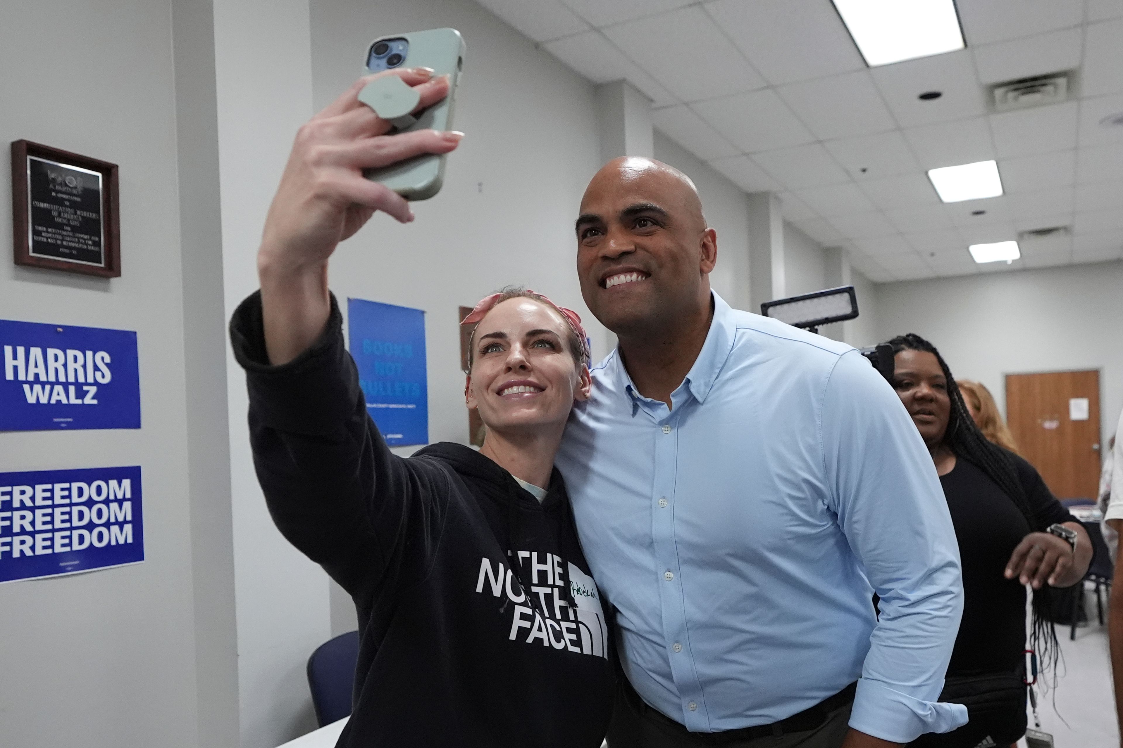 Texas Democratic Senate candidate Rep. Colin Allred greets supporters at a phone bank in Dallas, Tuesday, Nov. 5, 2024. (AP Photo/Tony Gutierrez)