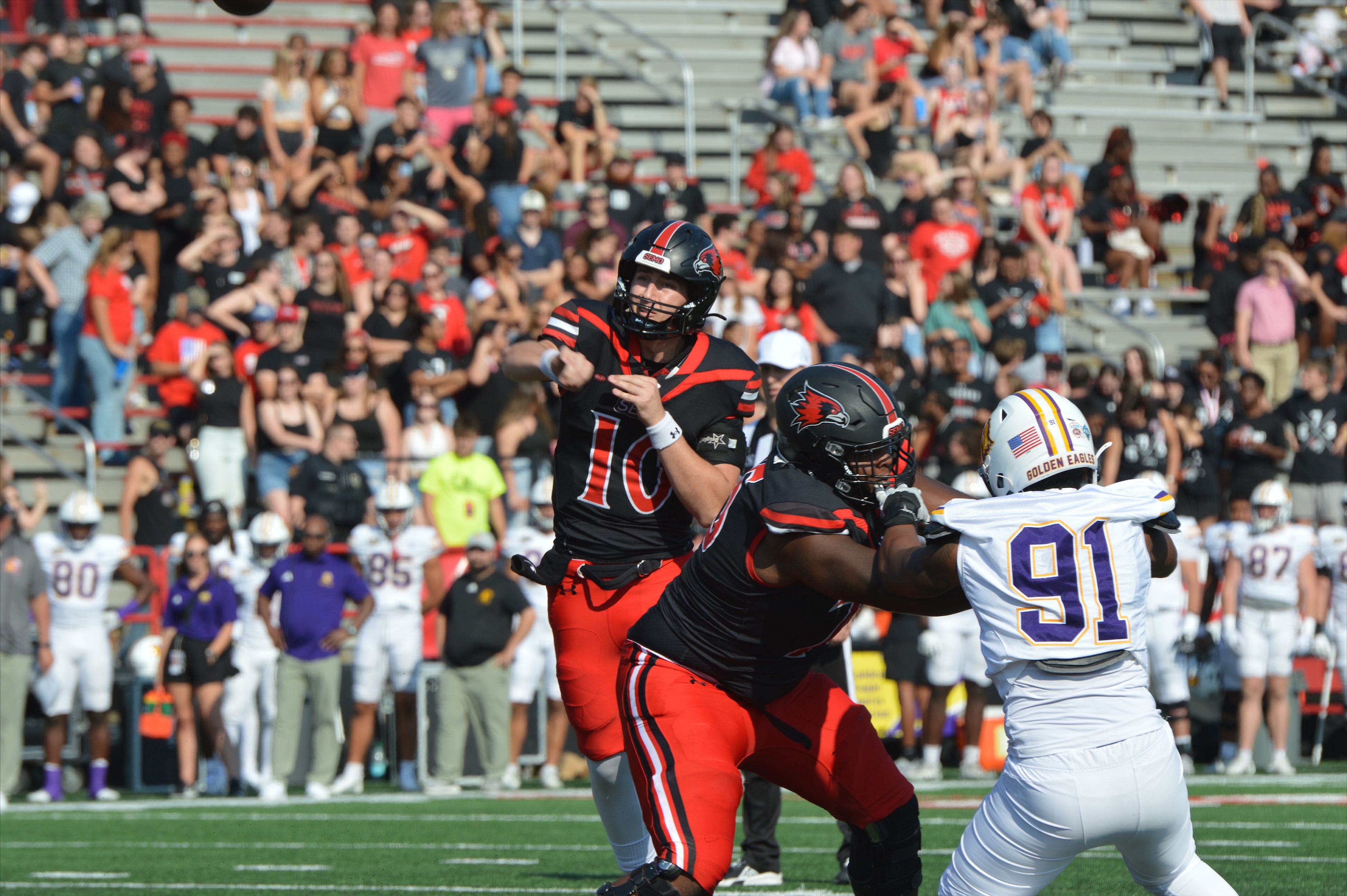 Paxton DeLaurent threw for more than 400 yards and four touchdowns in the SEMO Redhawks' 34-3 rout of Tennessee Tech on Saturday, Oct. 12.