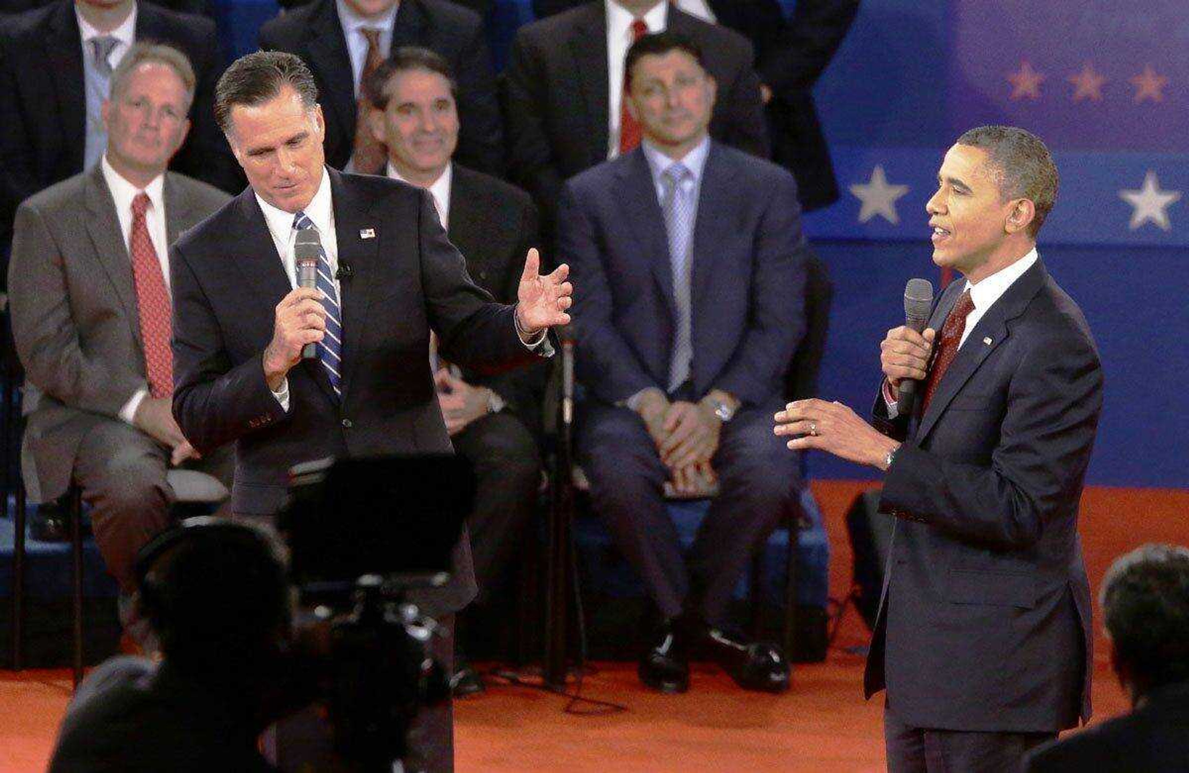 President Barack Obama and Republican presidential candidate and former Massachusetts Gov. Mitt Romney participate in the second presidential debate Tuesday at Hofstra University in Hempstead, N.Y. (Charles Dharapak ~ Associated Press)