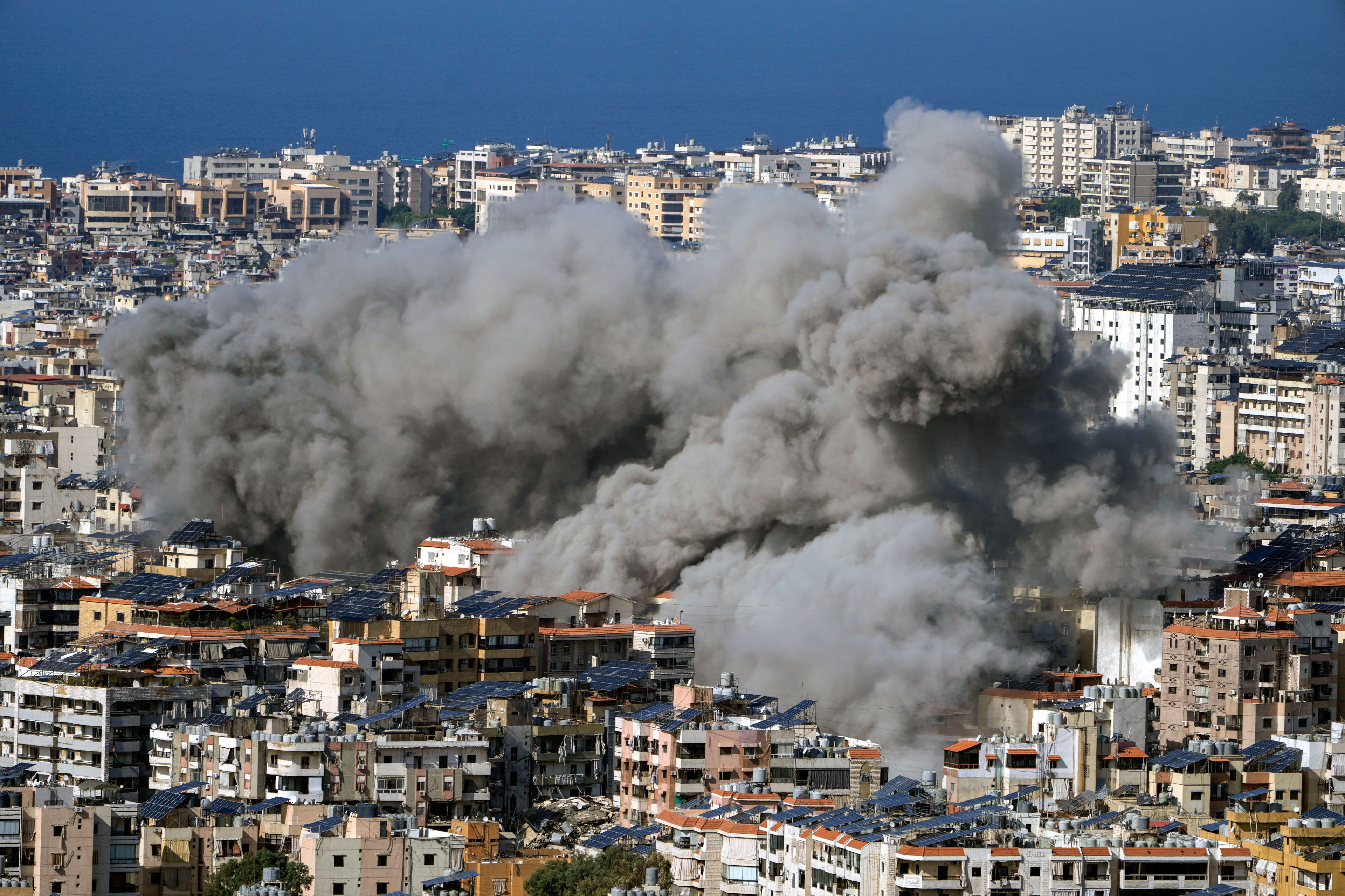 Smoke rises after an Israeli airstrike on Dahiyeh, in the southern suburb of Beirut, Lebanon, Tuesday, Nov. 12, 2024. (AP Photo/Bilal Hussein)