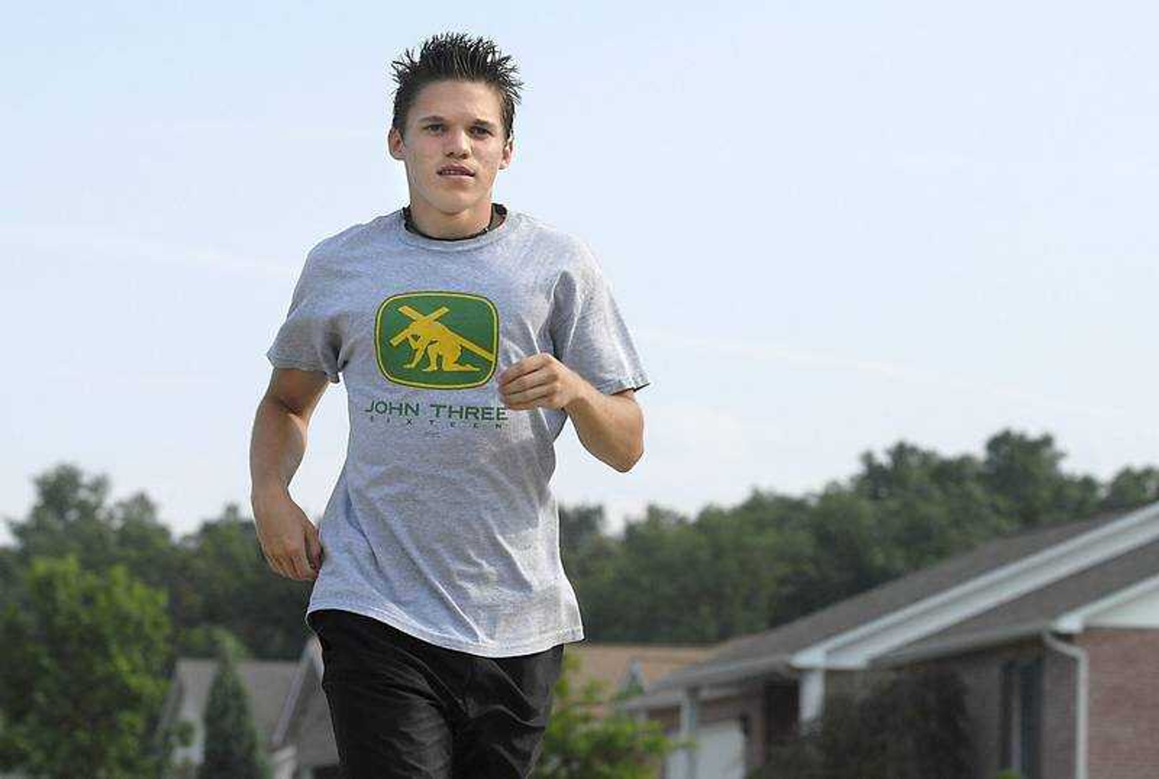 FRED LYNCH ~ flynch@semissourian.com
Jared Ritter jogged in the neighborhood Sunday in preparation for his 20-mile run on Friday to raise money for water-well construction in Africa.