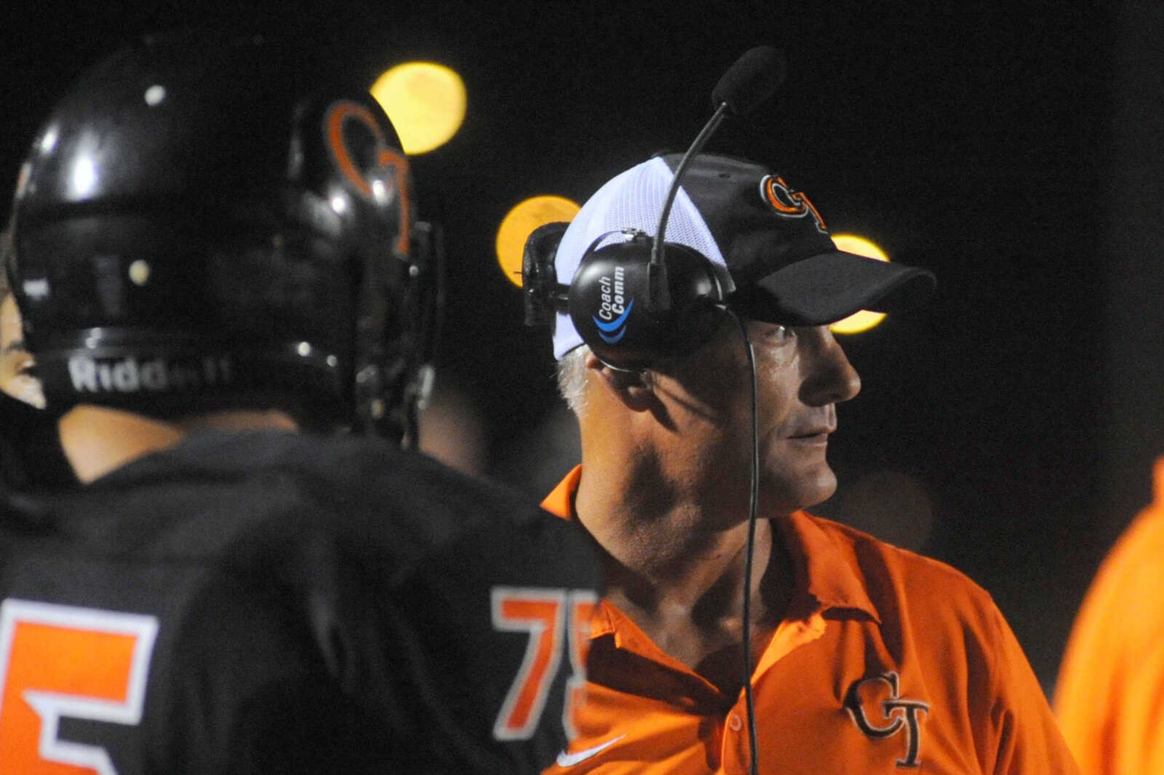 Cape Central coach Arlen Pixley watches from the sidelines late in the fourth quarter against St. Charles West on Friday, August 26, 2016 at Cape Central High School. (Trent Singer)