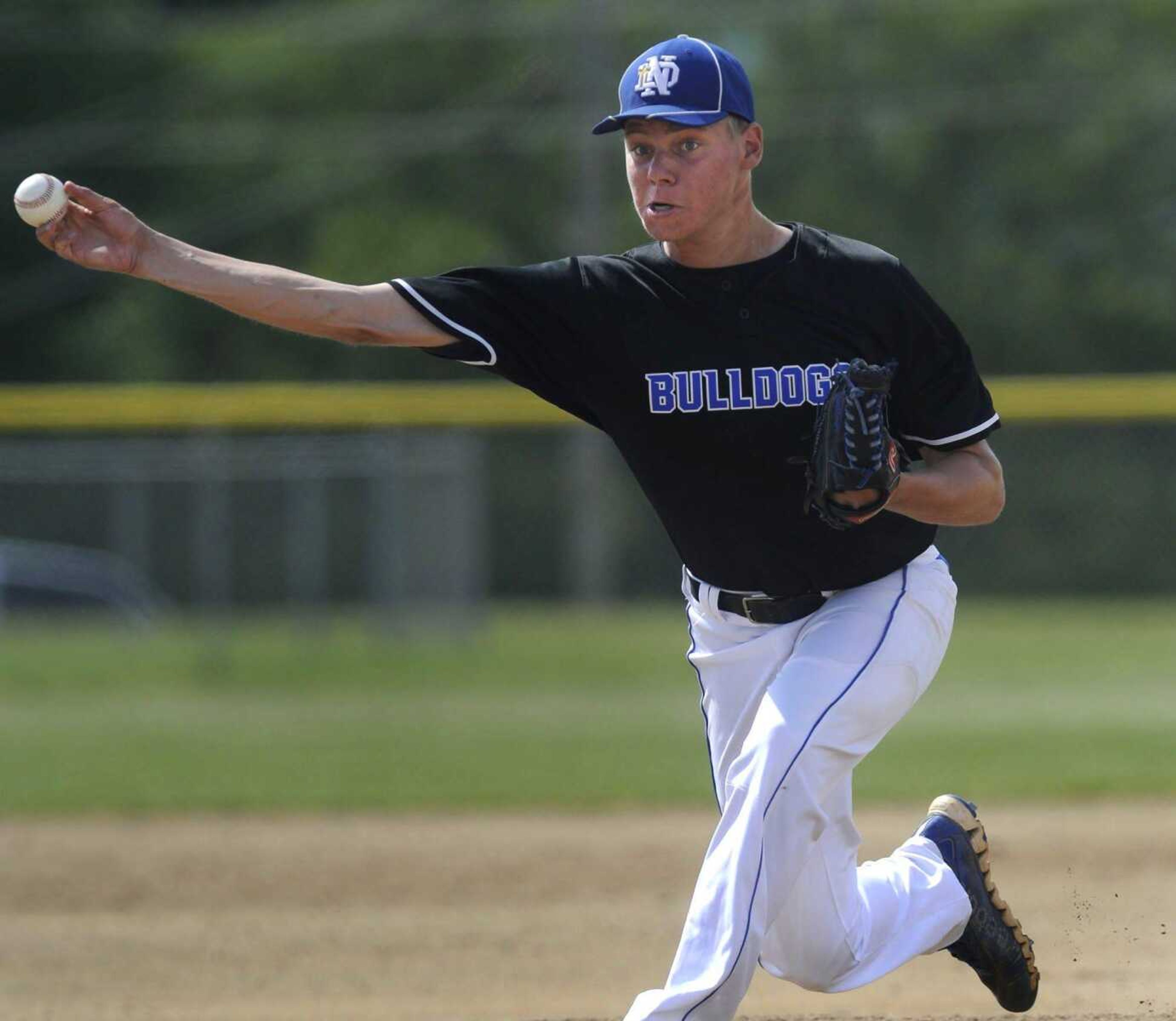 Notre Dame starter Ross James pitches to a Park Hills Central batter during the first inning of the Class 4 sectional Tuesday in Park Hills, Missouri. Notre Dame won 12-2. Additional photos from the game can be viewed at semoball.com. (Fred Lynch)