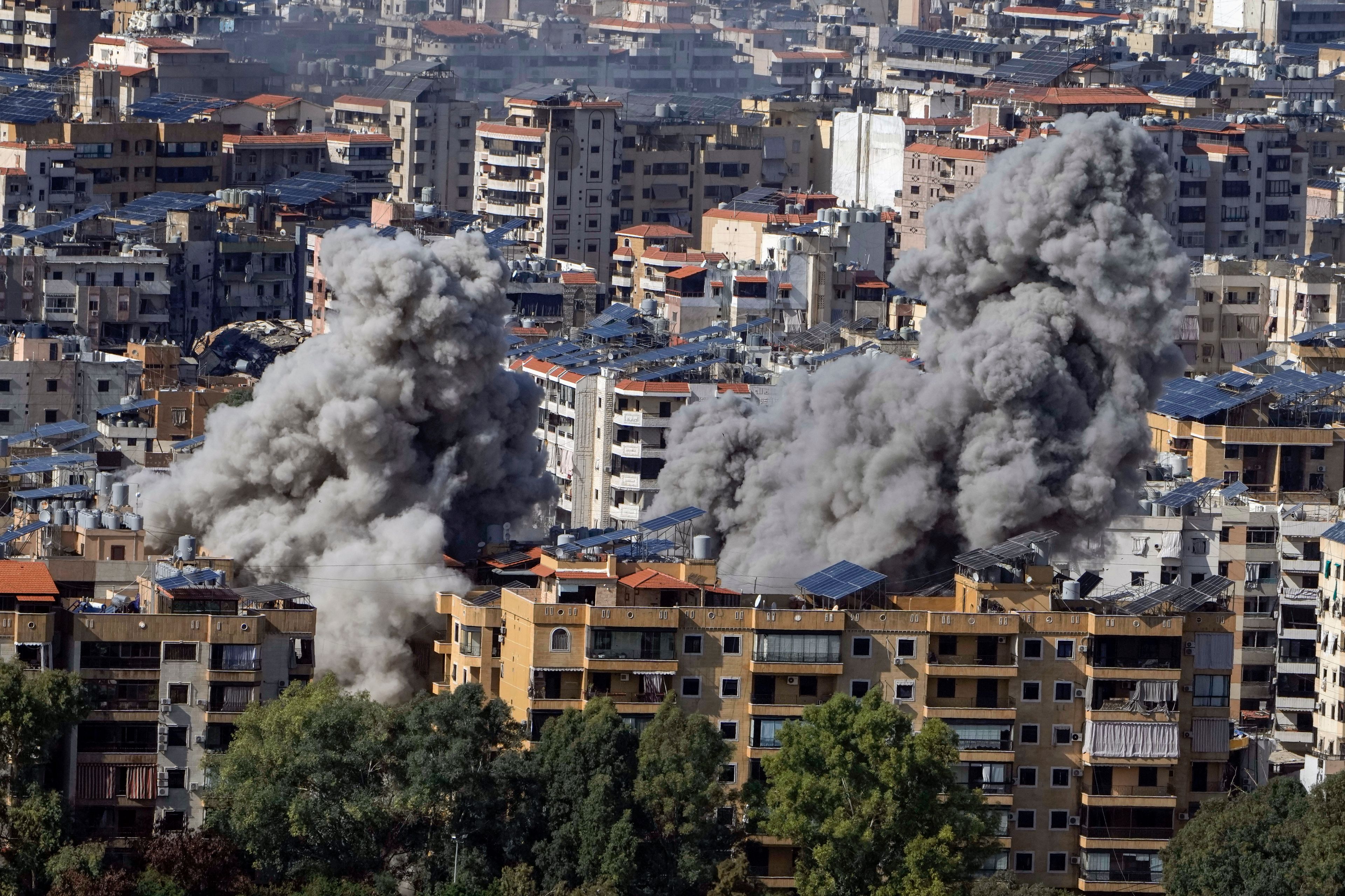 Smoke rises after an Israeli airstrike on Dahiyeh, in the southern suburb of Beirut, Lebanon, Tuesday, Nov. 12, 2024. (AP Photo/Bilal Hussein)