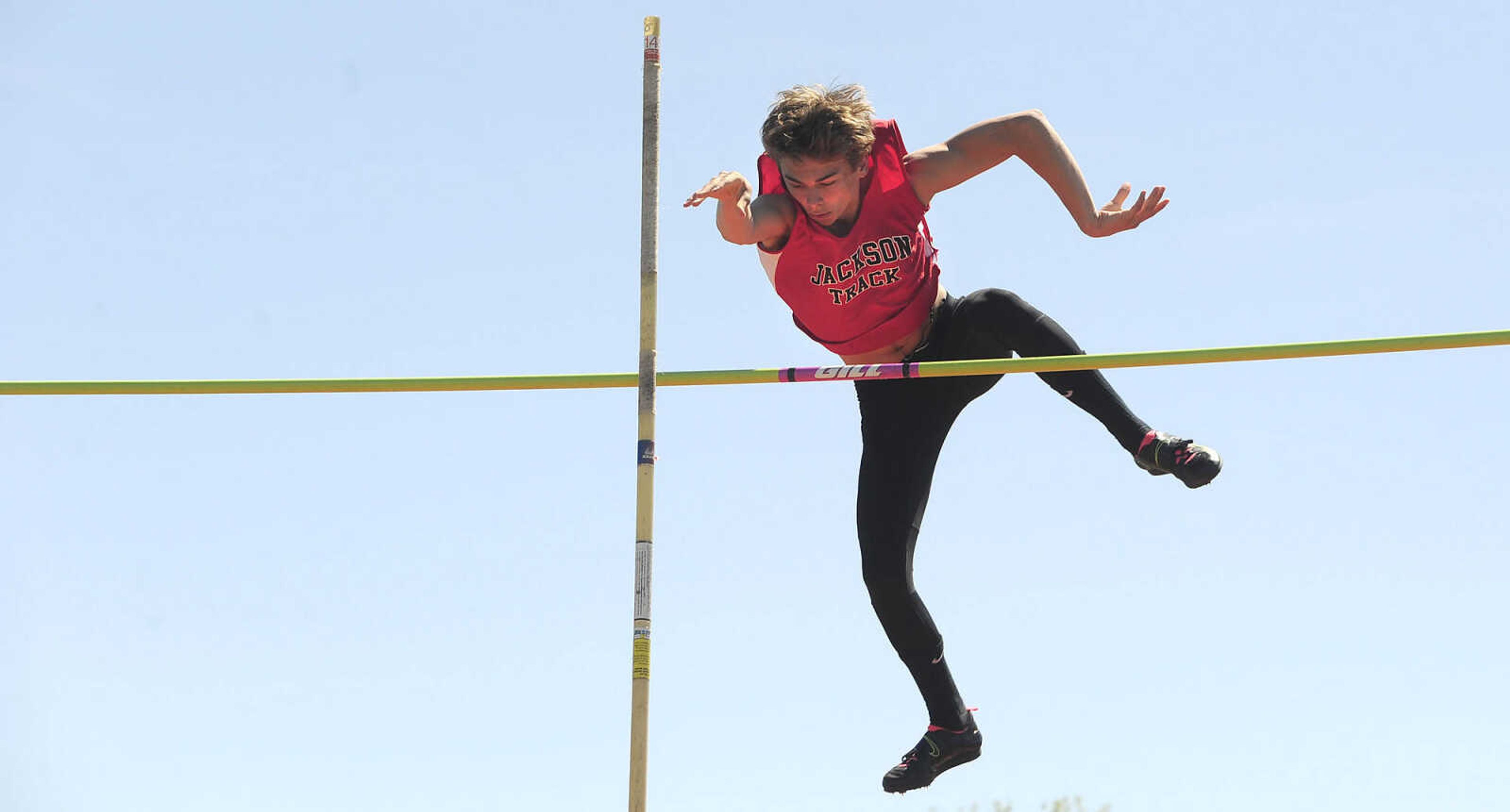 FRED LYNCH ~ flynch@semissourian.com
Jackson's Shawn Bareiter competes in the boys pole vault event at the Jackson Invitational track meet Saturday, April 9, 2016 in Jackson.