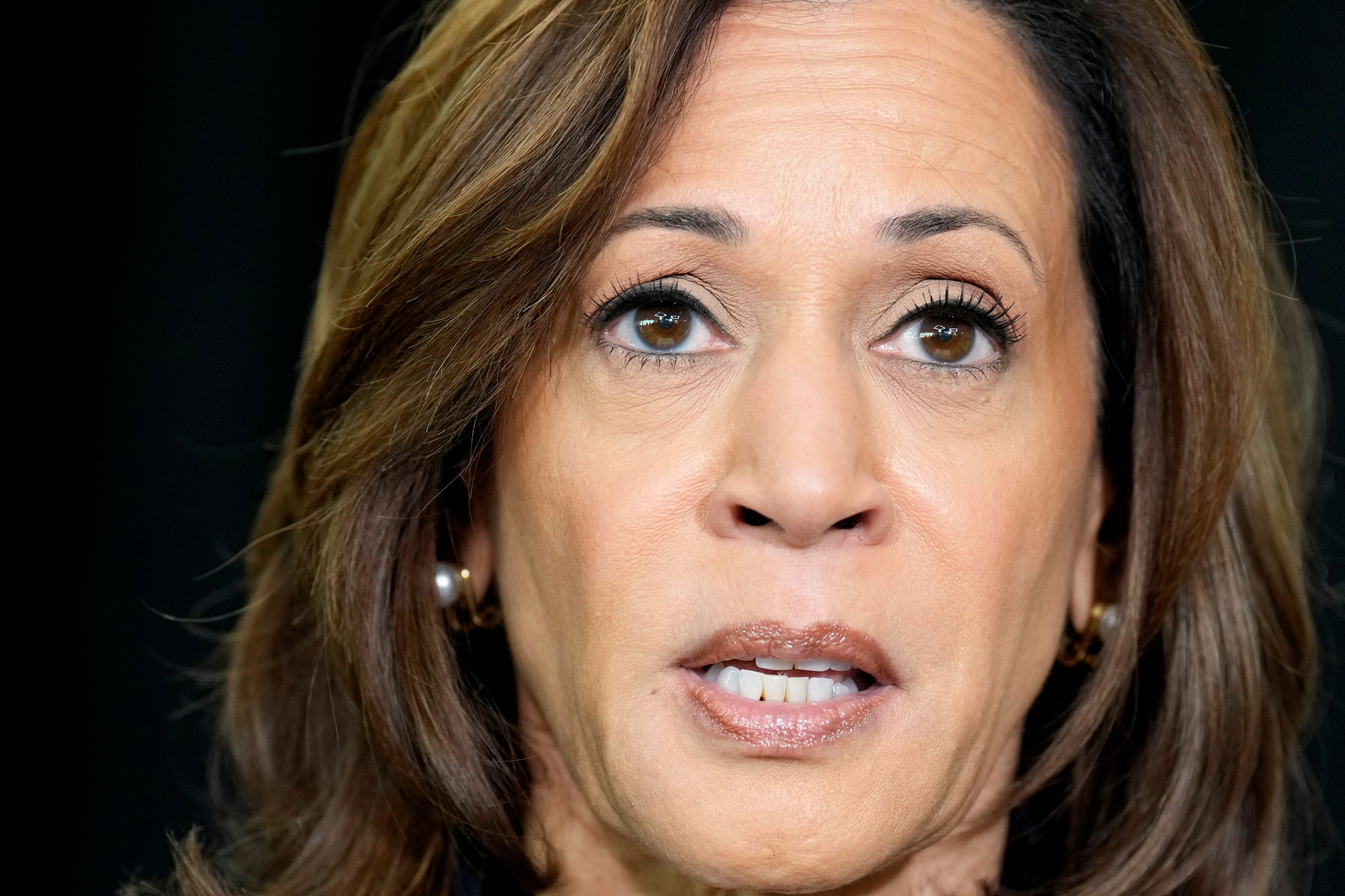 Democratic presidential nominee Vice President Kamala Harris speaks about the killing of Hamas' top leader Yahya Sinwar in a battle with Israeli forces in Gaza, Thursday, Oct. 17, 2024, following a campaign rally at the University of Wisconsin Milwaukee. (AP Photo/Jacquelyn Martin)