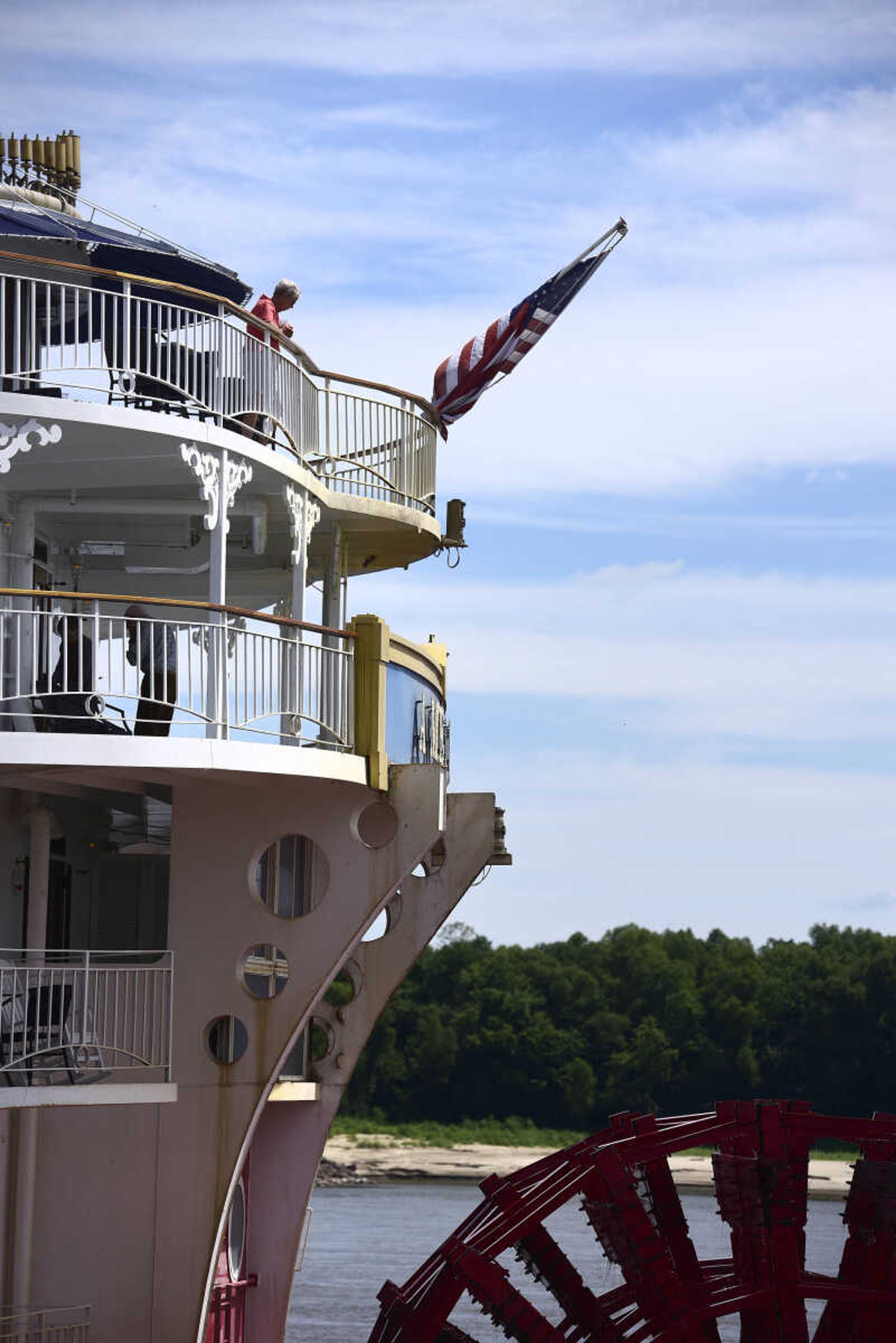 Passengers on the American Queen take in the from the deck as the riverboat prepares to depart Riverfront Park on Wednesday, Aug. 23, 2017, in downtown Cape Girardeau.