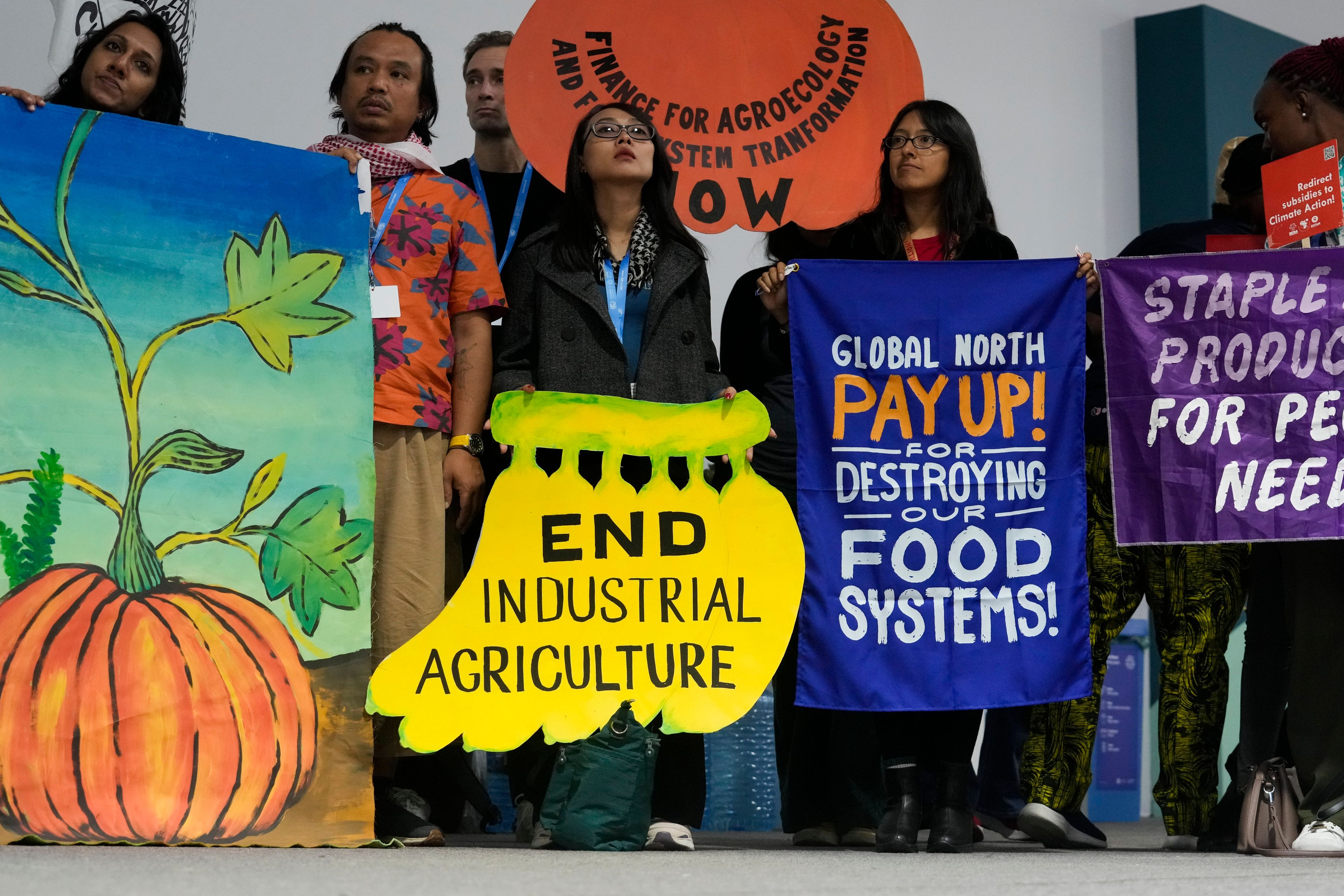 Activists participate in a demonstration for transforming food systems at the COP29 U.N. Climate Summit, Tuesday, Nov. 19, 2024, in Baku, Azerbaijan. (AP Photo/Rafiq Maqbool)