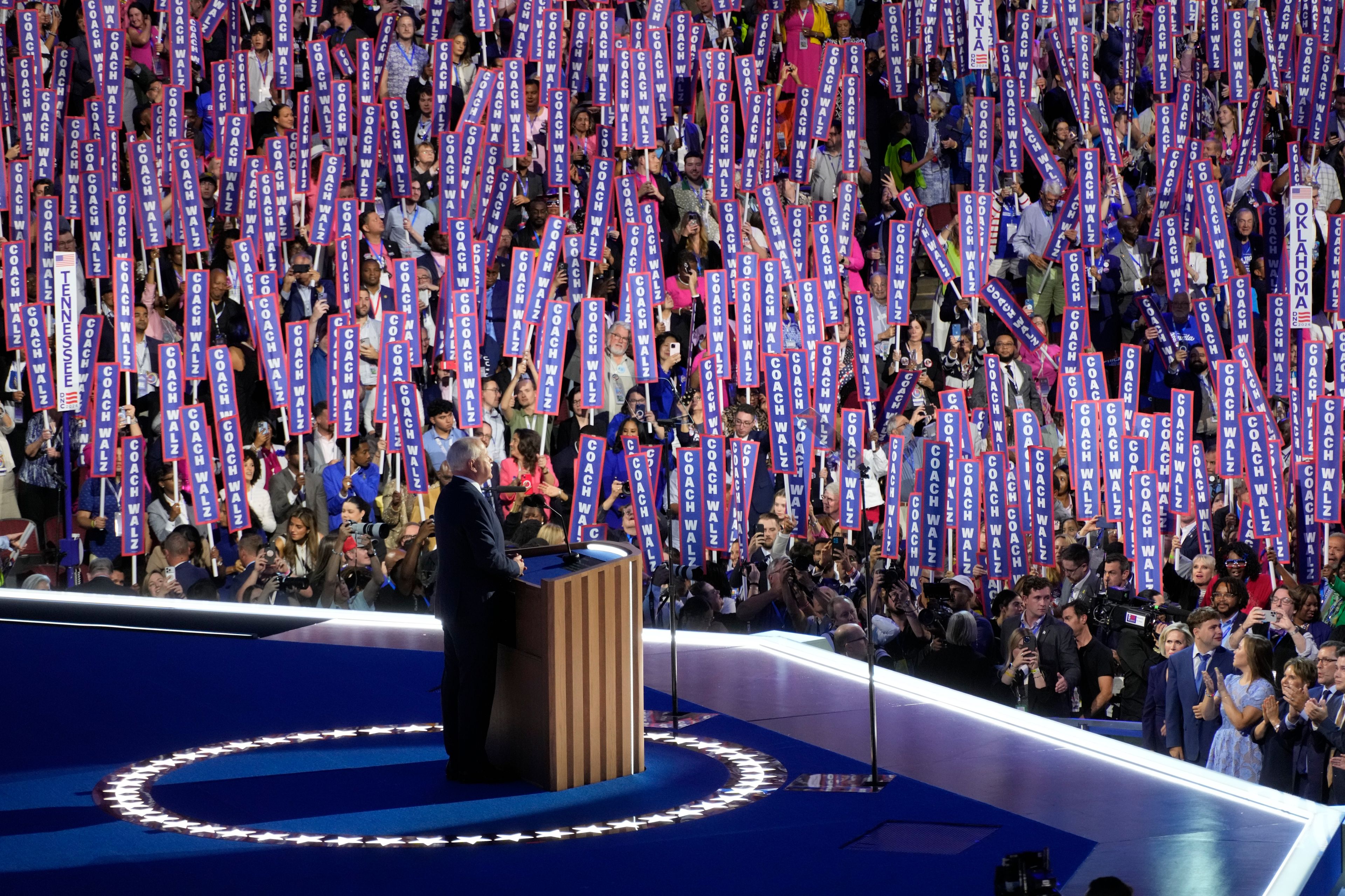 Democratic vice presidential nominee Minnesota Gov. Tim Walz speaks during the Democratic National Convention Wednesday, Aug. 21, 2024, in Chicago. (AP Photo/Morry Gash)