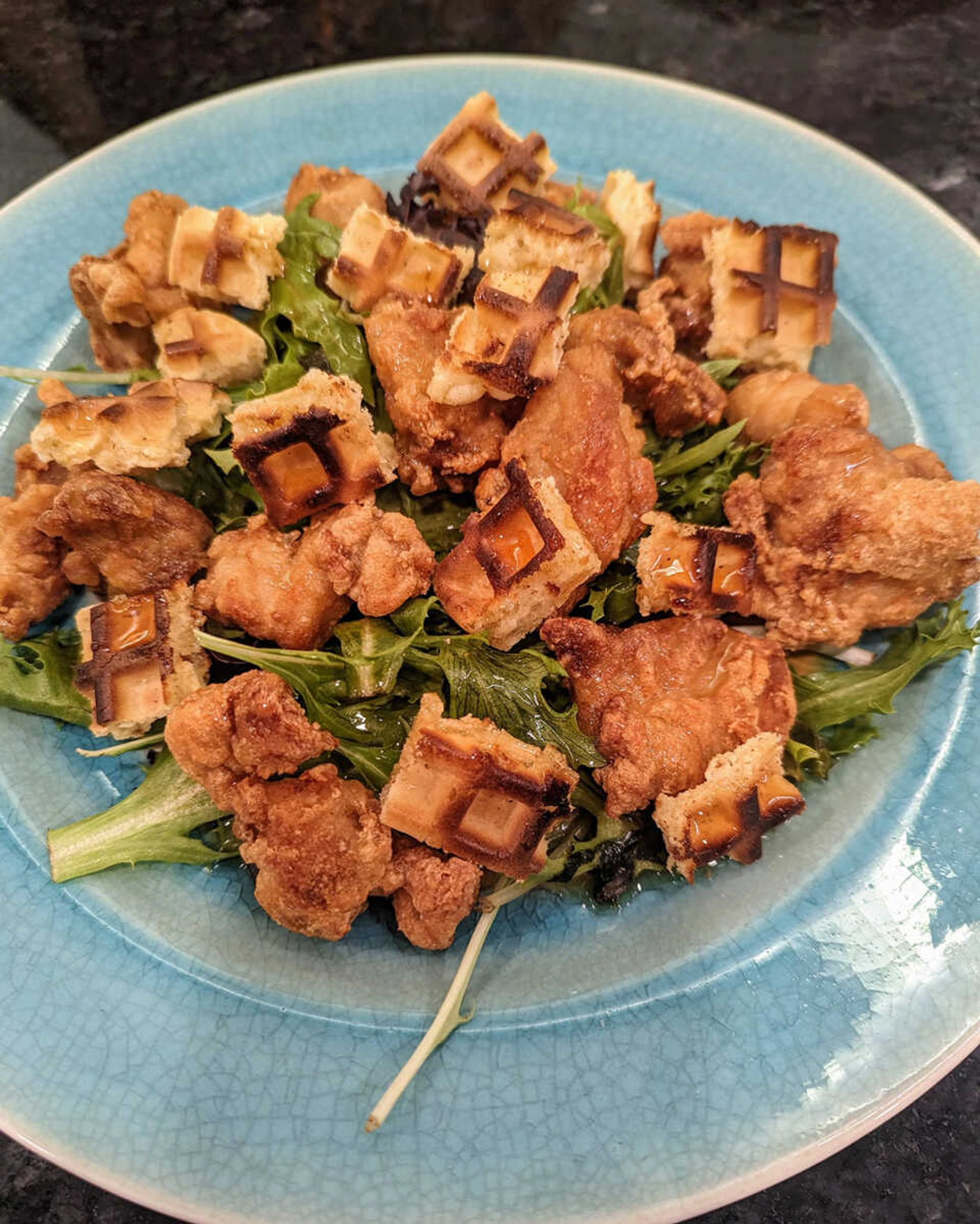 Chicken and waffle salad is a clever reimagining of the traditional dish. 