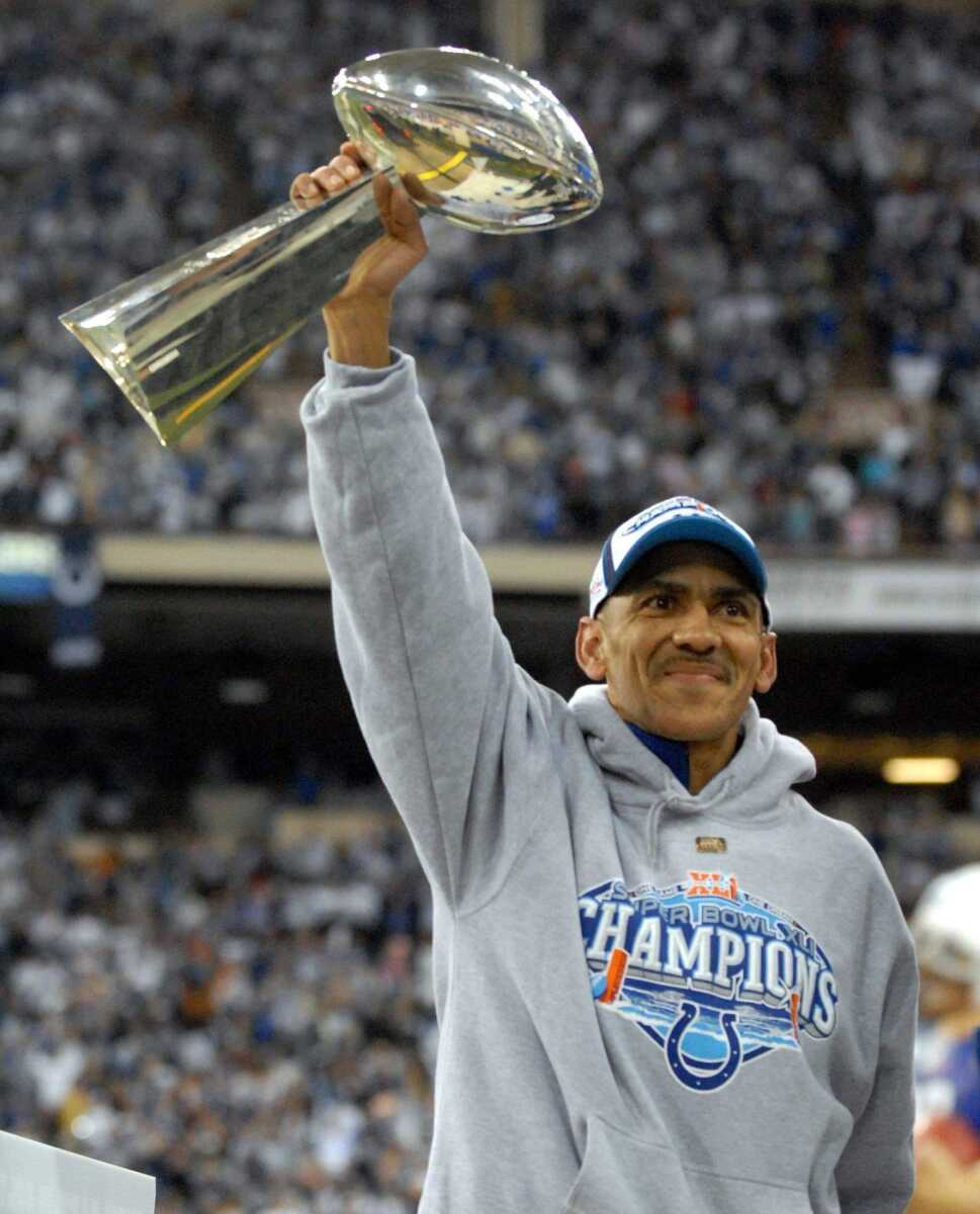 Associated Press file<br>Indianapolis coach Tony Dungy celebrated the Colts' 29-17 victory against the Chicago Bears in Super Bowl XLI.