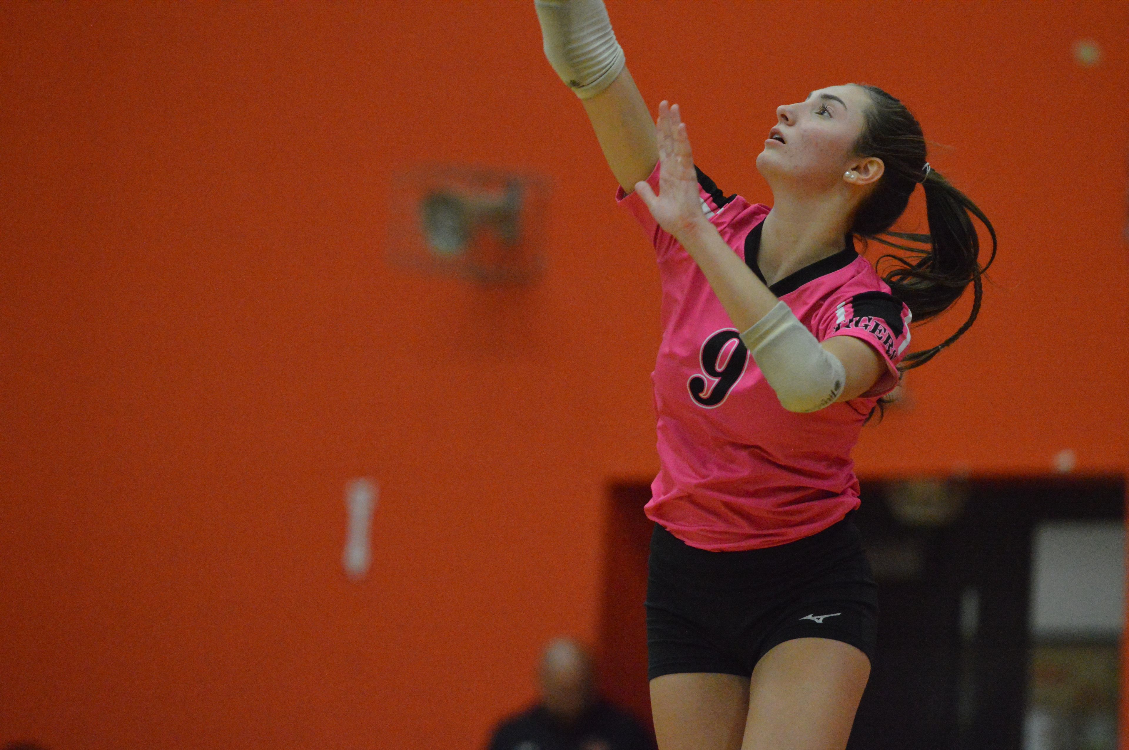 Cape Central senior Piper Underwood serves the ball in the third set against Bernie on Monday, Sept. 16.