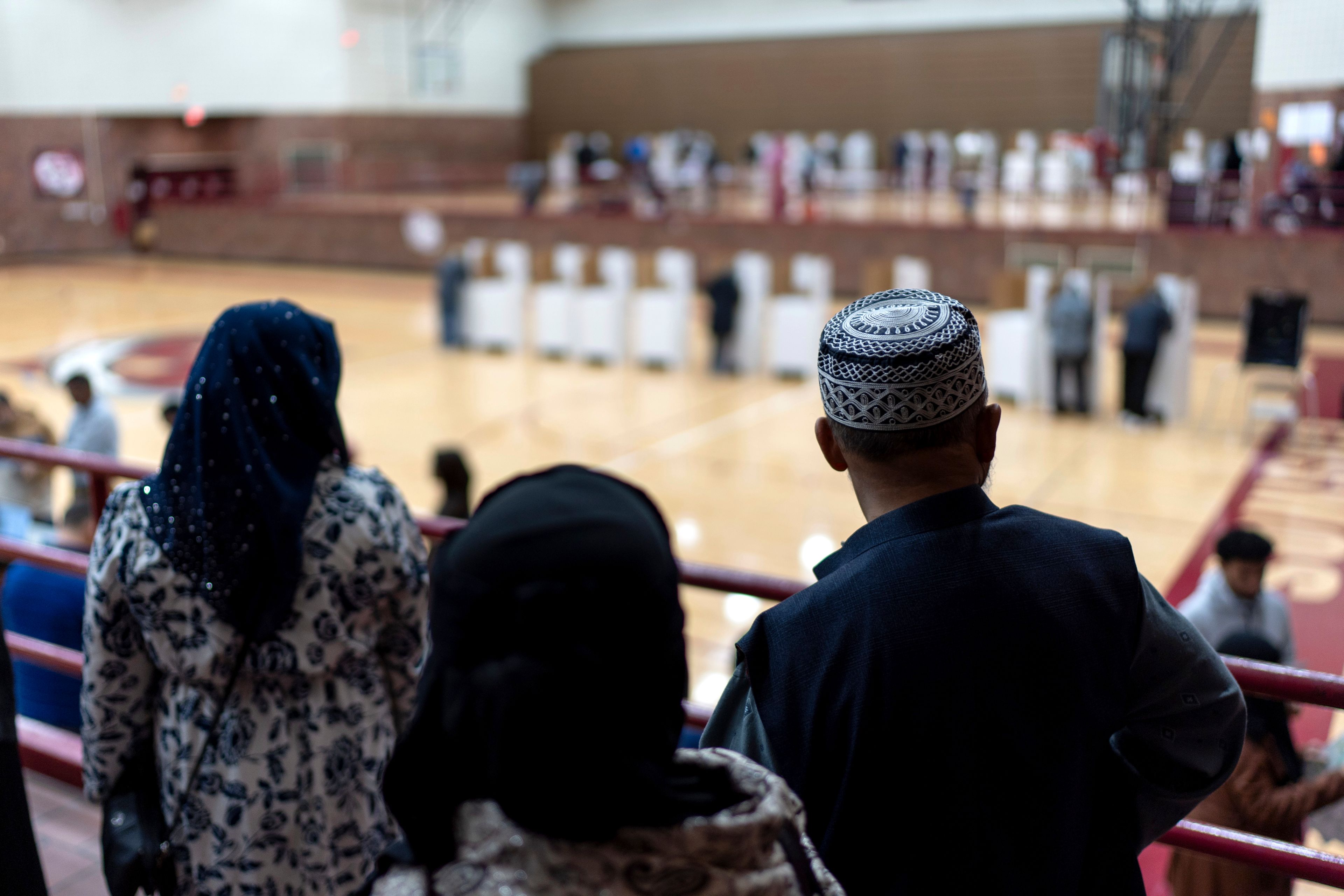 Voters wait in line to cast their ballots at the Hamtramck High School polling site on Election Day, Tuesday, Nov. 5, 2024, in Hamtramck, Mich. (AP Photo/David Goldman)