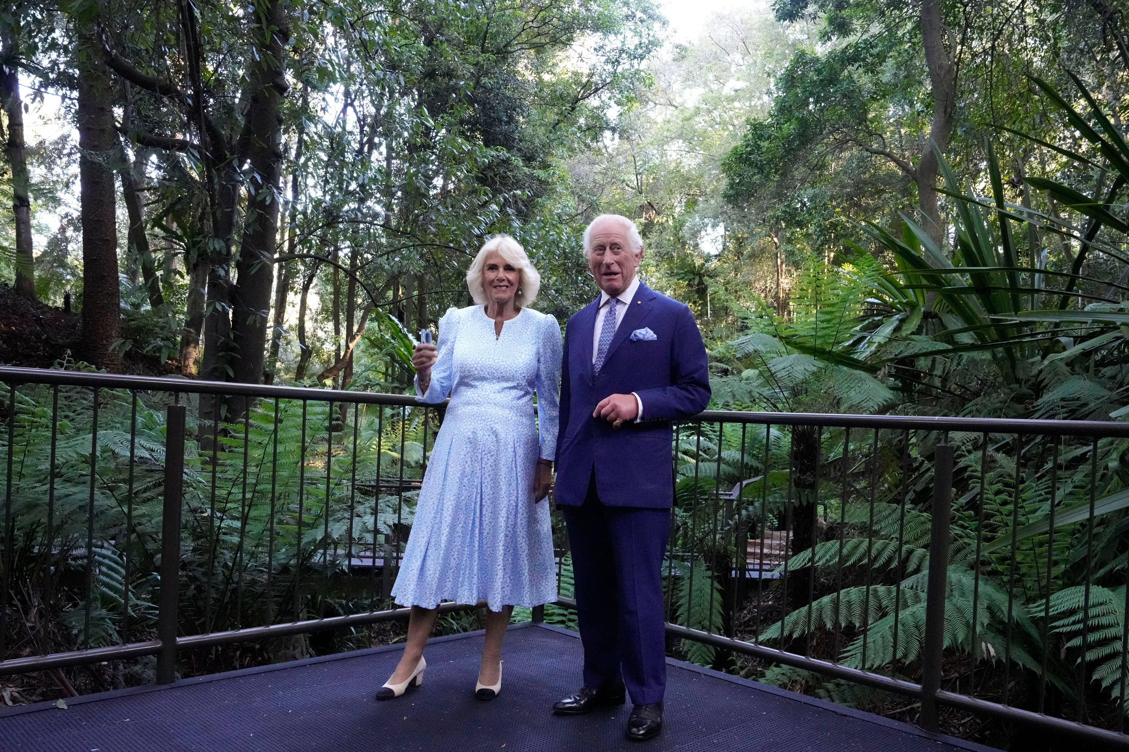 Britain's King Charles III, and Queen Camilla, chats as they walk through the Rainforest Gully at the Australian National Botanic Gardens in Canberra, Monday, Oct. 21, 2024. (AP Photo/Mark Baker, Pool)