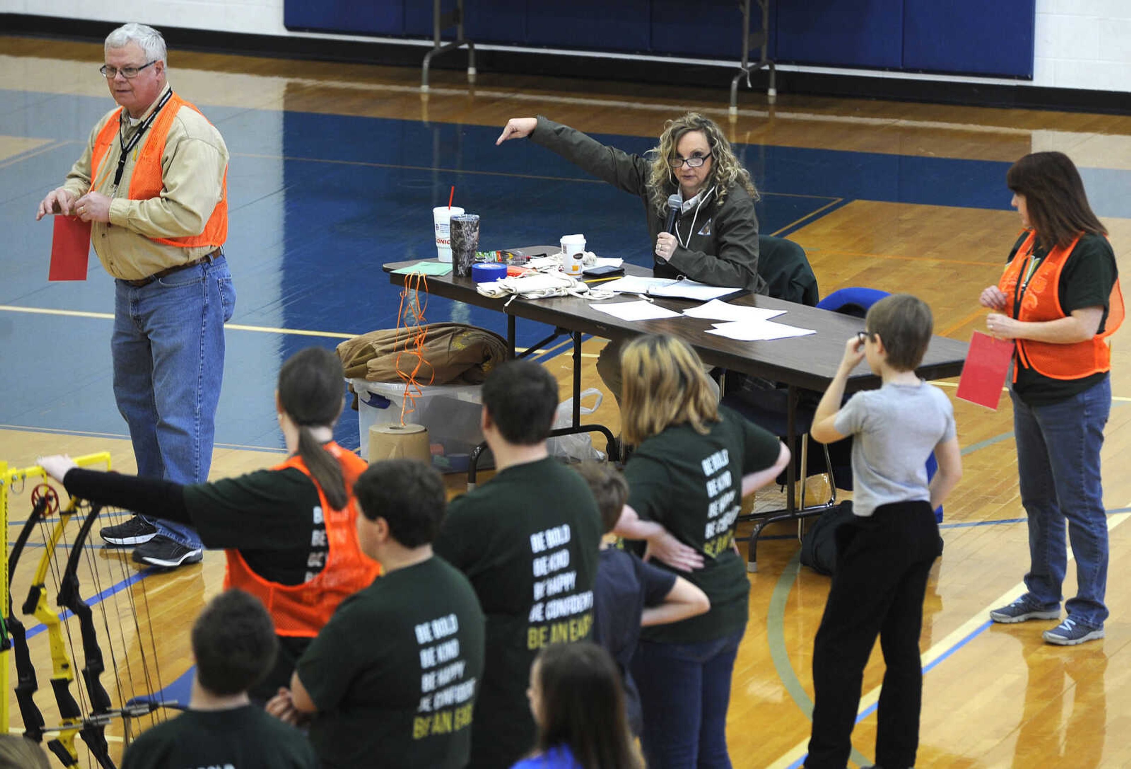 FRED LYNCH ~ flynch@semissourian.com
Dee Dee Dockins of the Missouri Department of Conservation give instructions to the archers Saturday, Feb. 3, 2018 during a National Archery in the Schools Program tournament at Immaculate Conception Catholic School in Jackson.