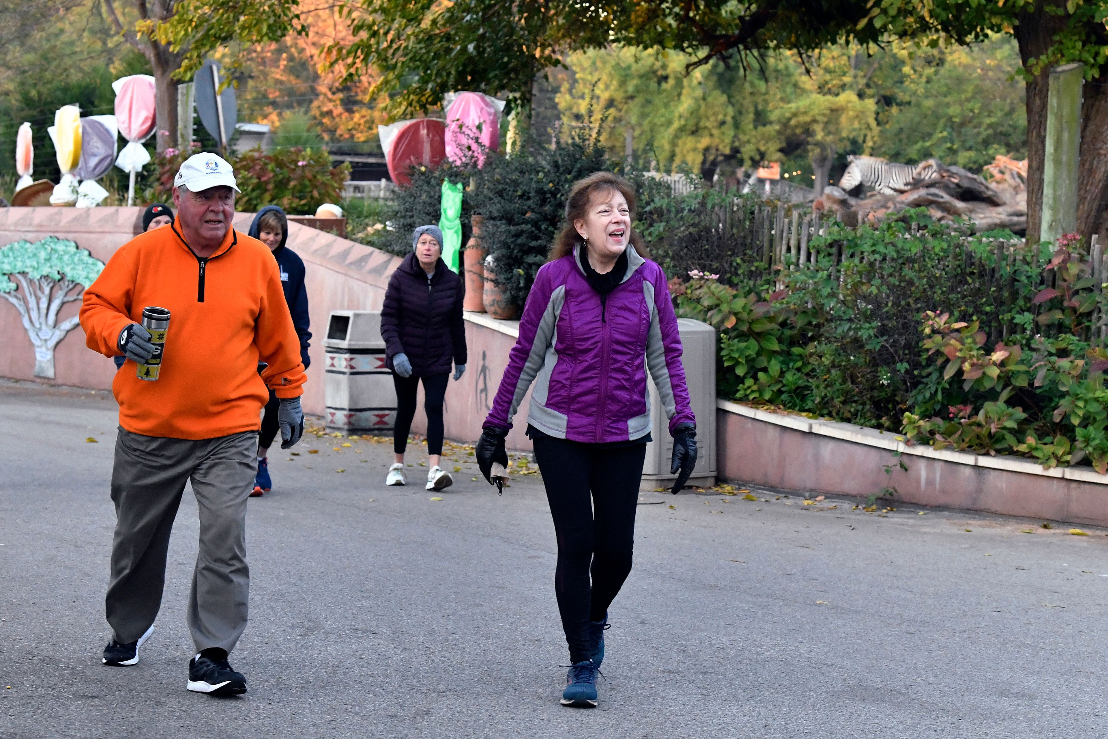 Members of the Get Healthy Walking Club walk the paths past the animal enclosures during the morning at the Louisville Zoo in Louisville, Ky., Friday, Oct. 18, 2024. (AP Photo/Timothy D. Easley)