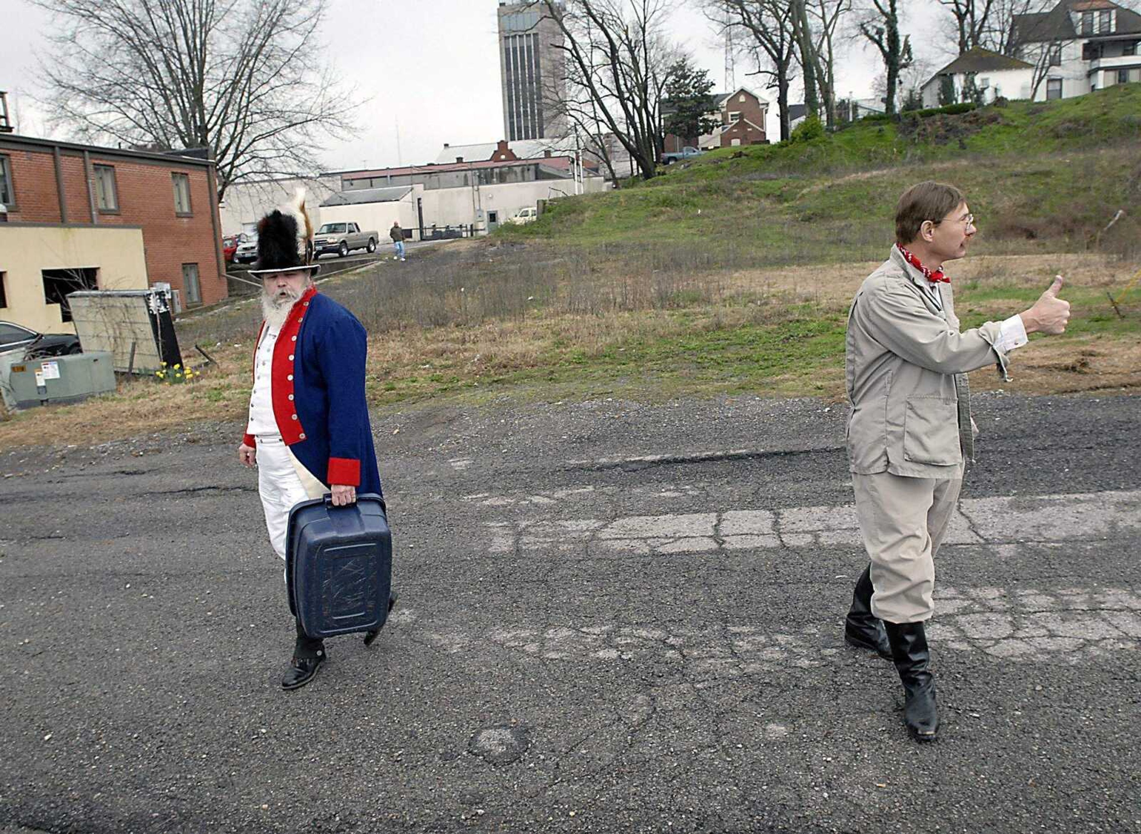 KIT DOYLE ~ kdoyle@semissourian.com
Jim "Two Crows" Wallen, left, and Doug Mishler took a break after their presentations in the Voices from the Past segment of the Cape Girardeau Storytelling Festival Friday, April 4, 2008.