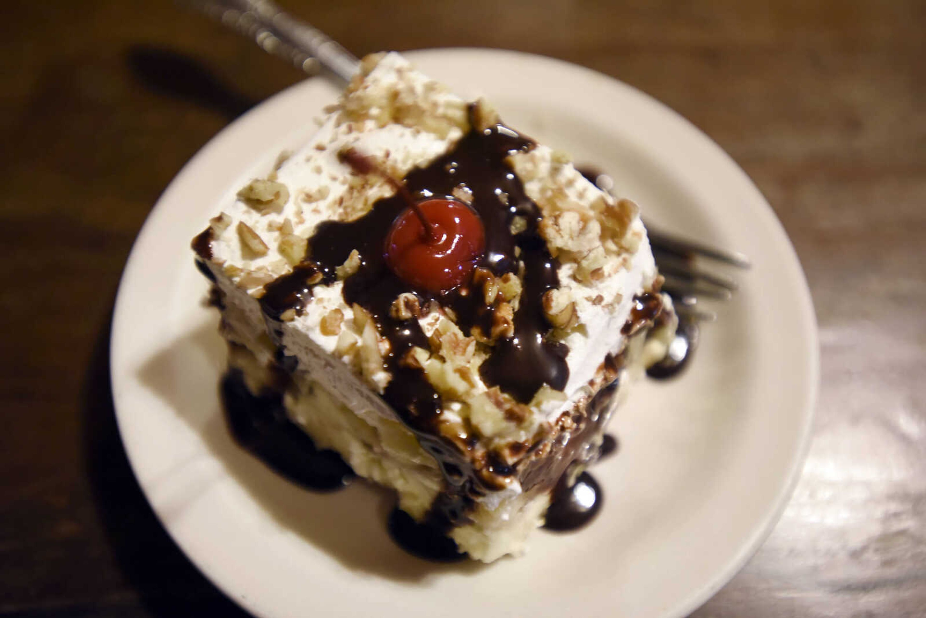 A piece of Lois Naeger's own recipe banana split dessert at Al's Place in McBride, Missouri.