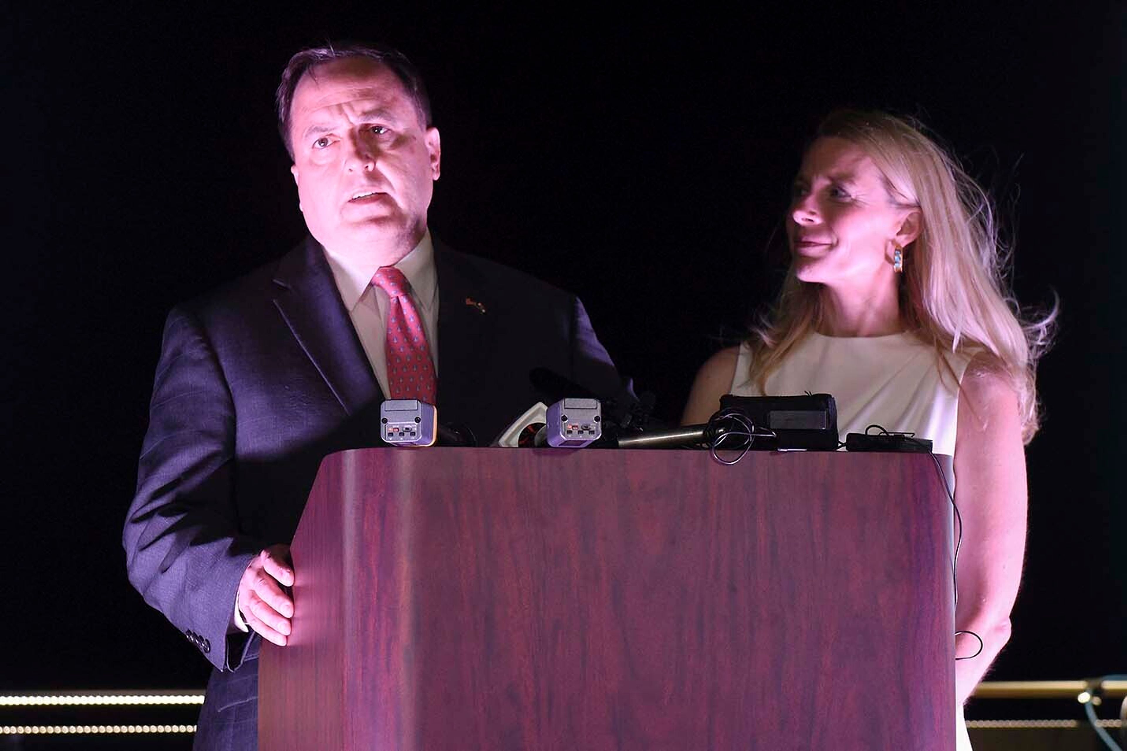 Jay Ashcroft makes a statement about his standing in the governor election on Tuesday, Aug. 6, 2024, in Springfield, Mo. (Sarah Voyles/Missourian via AP)