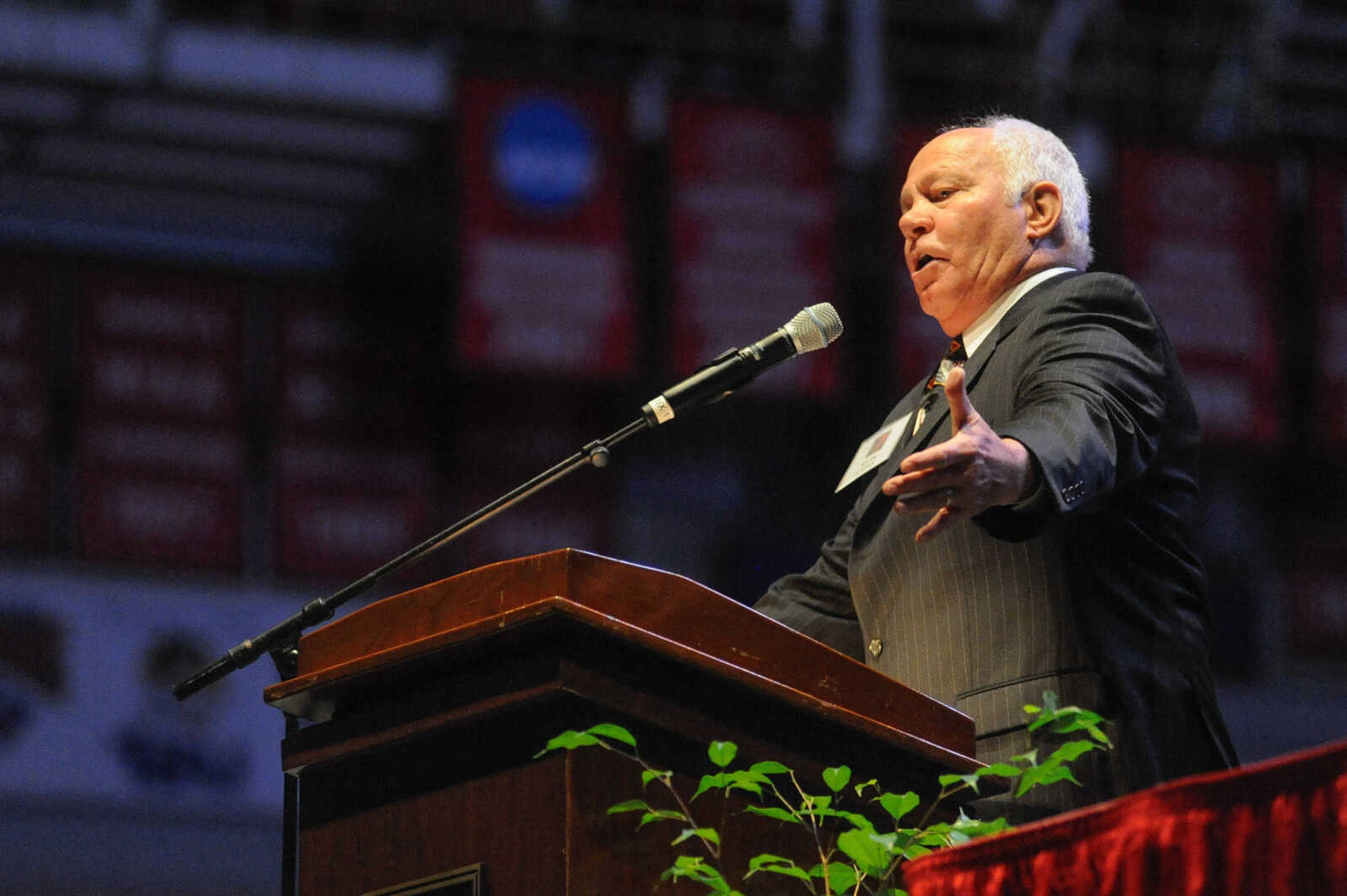 Mark Hogan (Baseball Coach 1995-2012) speaks during his induction into the Southeast Missouri State University Athletic Hall of Fame Friday, Feb. 19, 2016 at the Show Me Center.