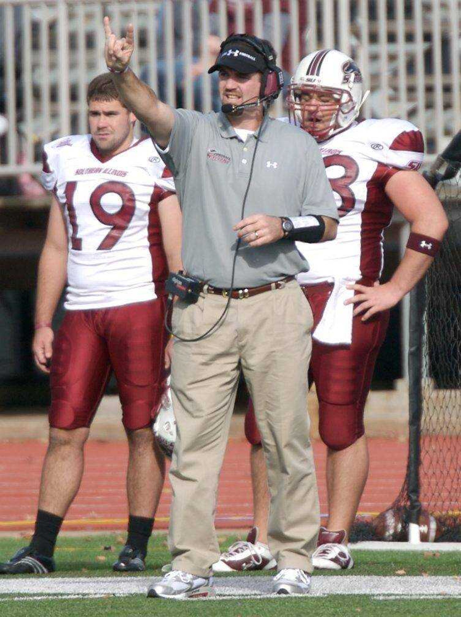 Tom Matukewicz signals SIU Carbondale players while serving as an assistant for the Salukis. Matukewicz, who is in his first year as head coach at Southeast Missouri State, was as an SIU assistant from 2001 to 2007. He will coach against his former team Saturday. (Southern Illinois University file)