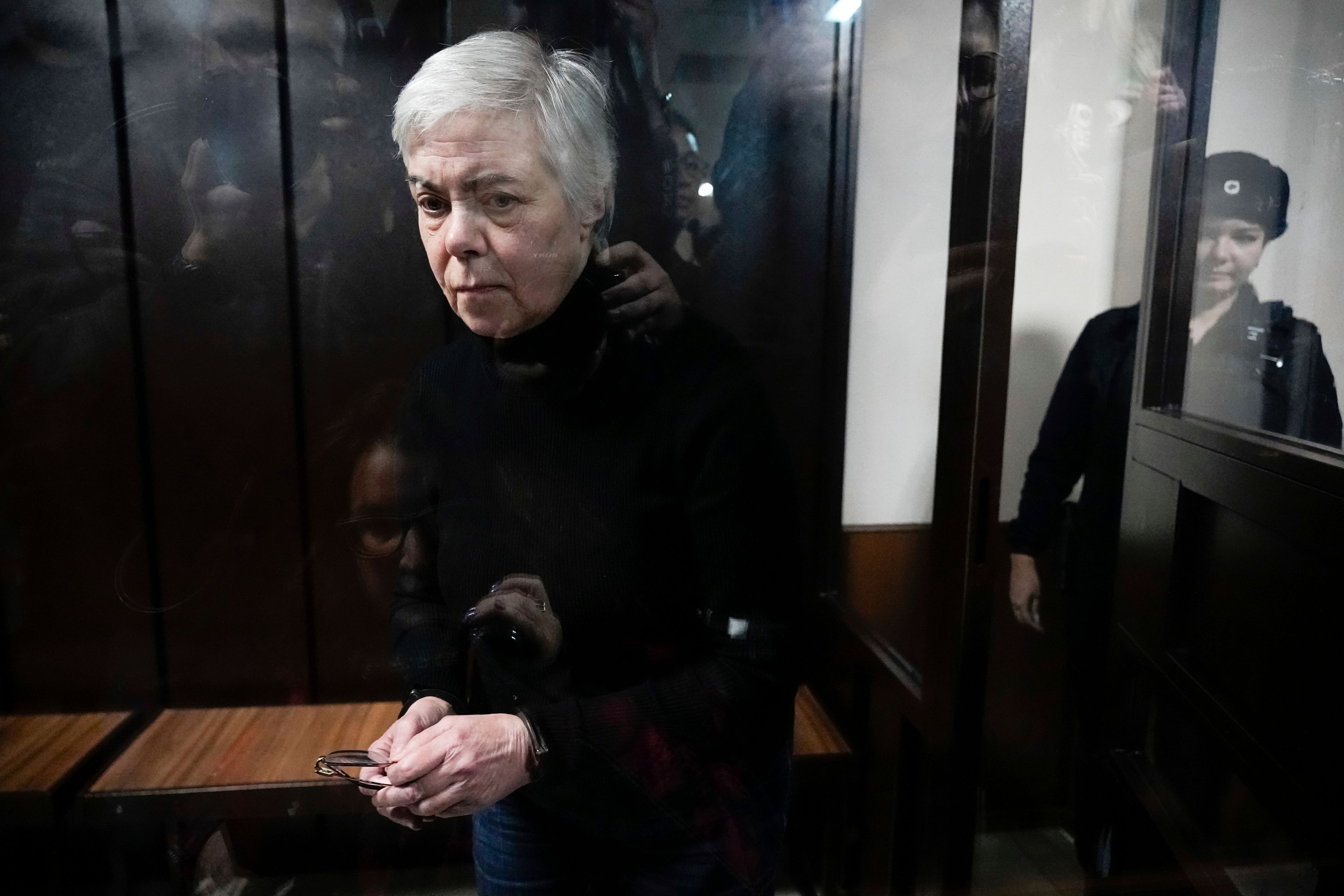 Paediatrician Nadezhda Buyanova, accused of spreading false information about the army, attends a hearing in the Tushinsky District Court in Moscow, Russia, Tuesday, Nov. 12, 2024. (AP Photo/Pavel Bednyakov)