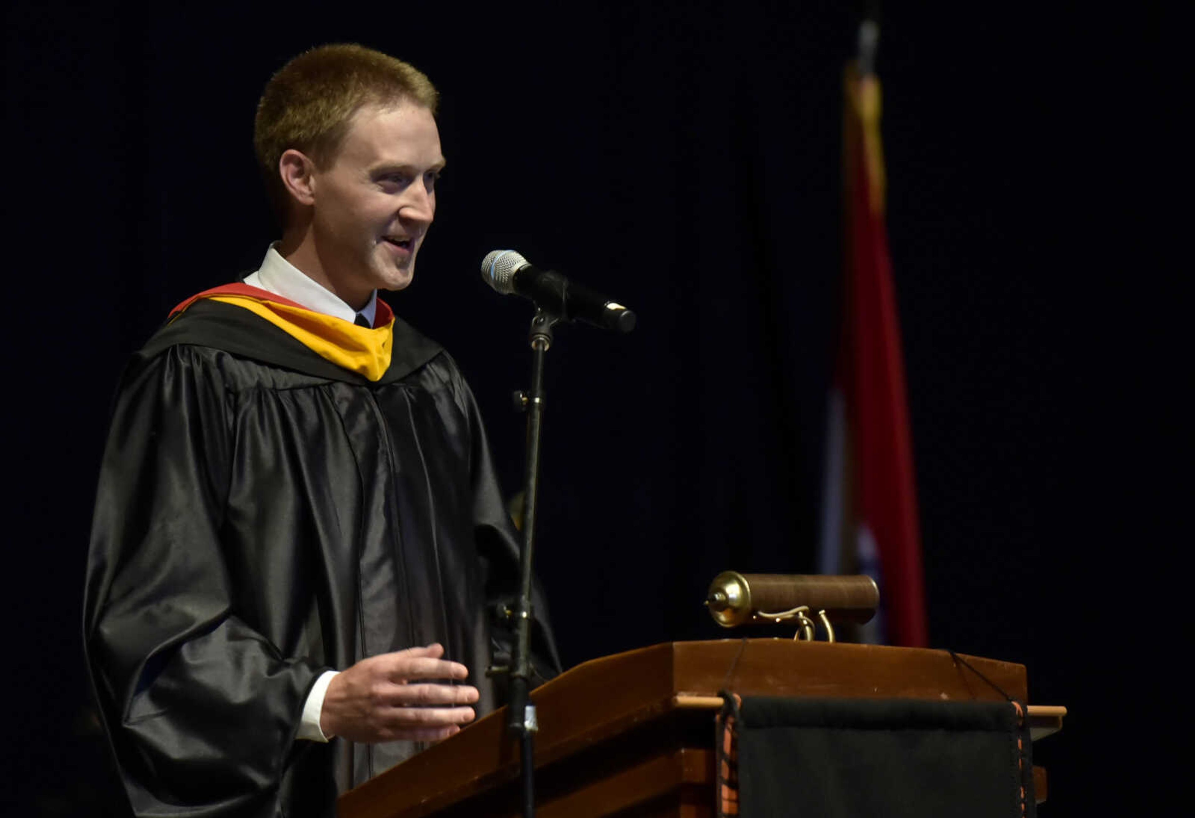 Timothy Stroder, faculty member at Cape Central, gives the commencement address during the Cape Central High School Class of 2018 graduation Sunday, May 13, 2018 at the Show Me Center in Cape Girardeau.