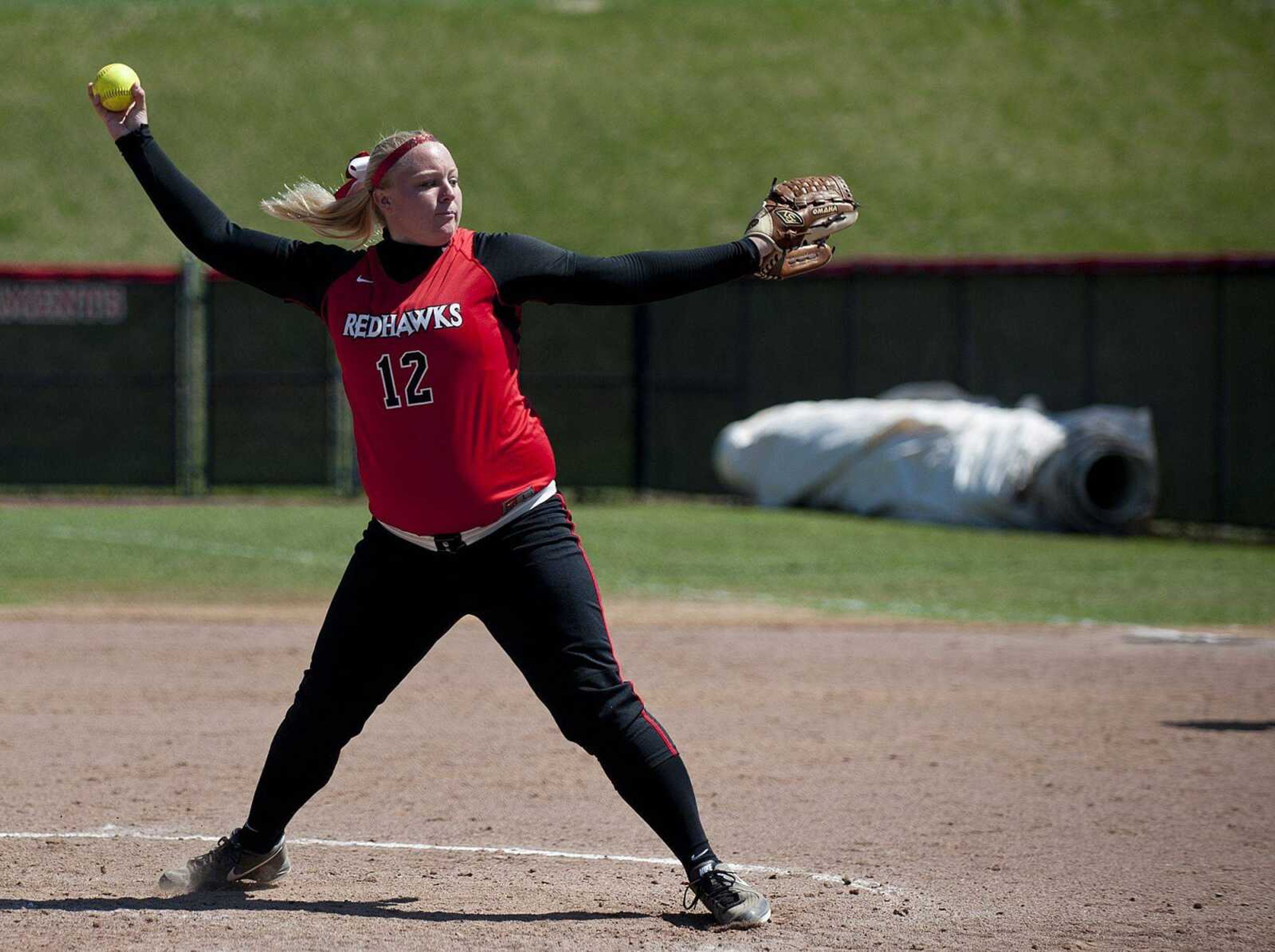 Southeast Missouri State pitcher Keaira Schilling throws a strike to Belmont&#8217;s Taylor Moon in the sixth inning of the Redhawks&#8217; 6-0 loss to the Bruins on Saturday at the Southeast Softball Complex. Southeast lost the second game of the doubleheader 14-5. (Adam Vogler)