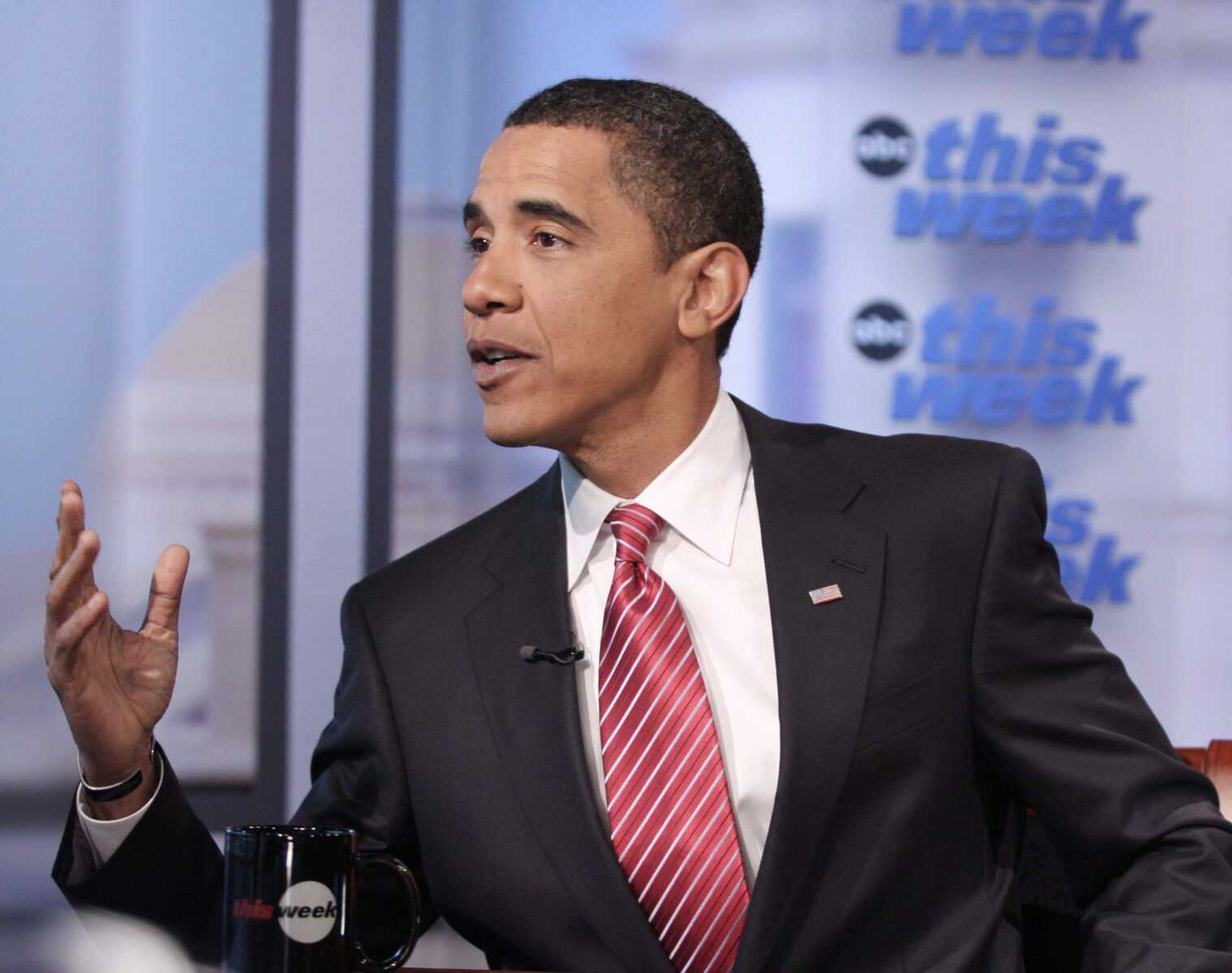 LAUREN VICTORIA BURKE ~ This Week<br>President-elect Barack Obama is interviewed by George Stephanopoulos during the taping of "This Week with George Stephanopoulos" on Saturday at the Newseum in Washington, D.C.