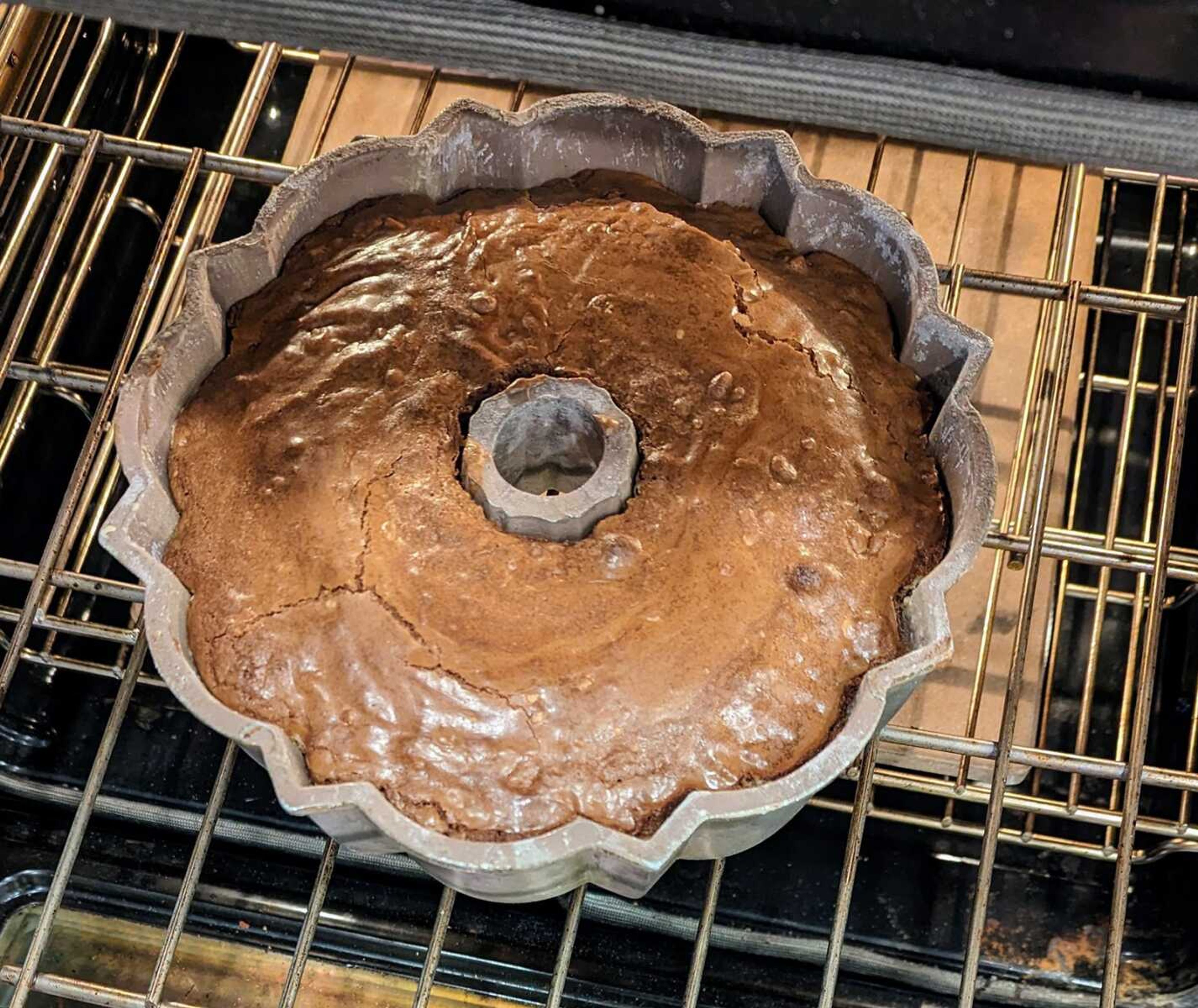 Exact oven temperature and precise baking time are crucial to produce the tunnel of fudge cake.