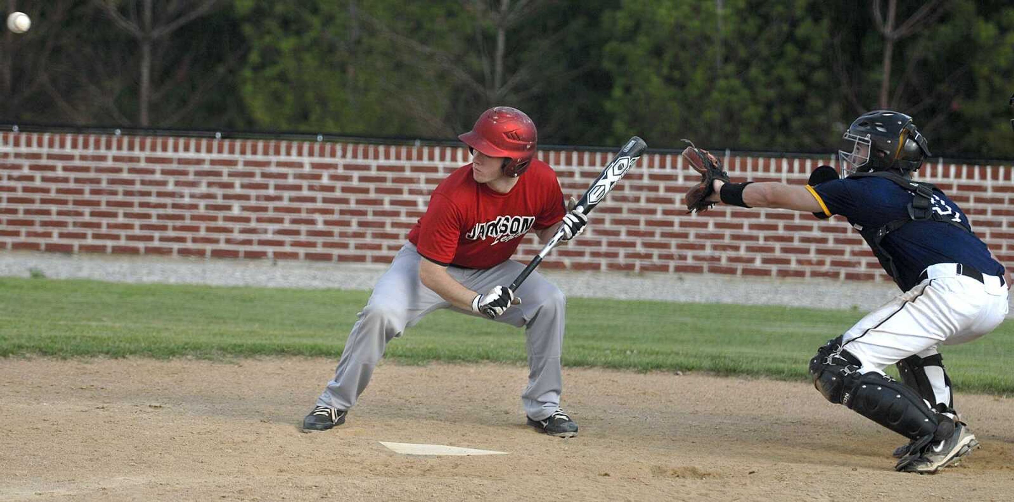 Jackson batter Ian Householder ducks under a pitch in front of Cape Girardeau catcher Ryan Siebert during the sixth inning Tuesday. (Laura Simon)