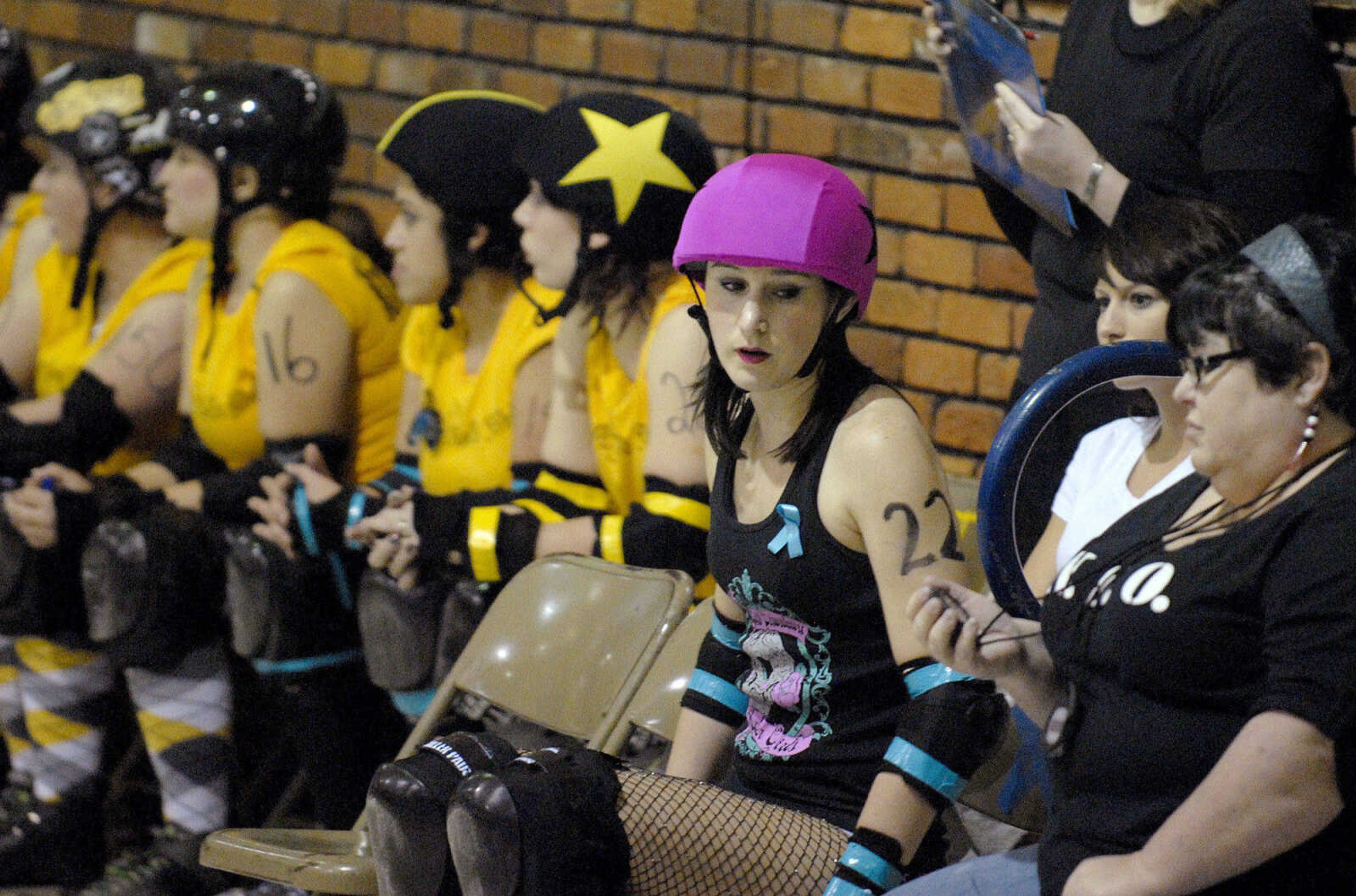 LAURA SIMON~lsimon@semissourian.com
Alice Skullen of the Cape Girardeau Roller Girls spends some time in the penalty box as they take on the Southern Illinois Roller Girls Saturday, February 26, 2011 during  Riot at the CG Corral at the A.C. Brase Arena Building in Cape Girardeau.