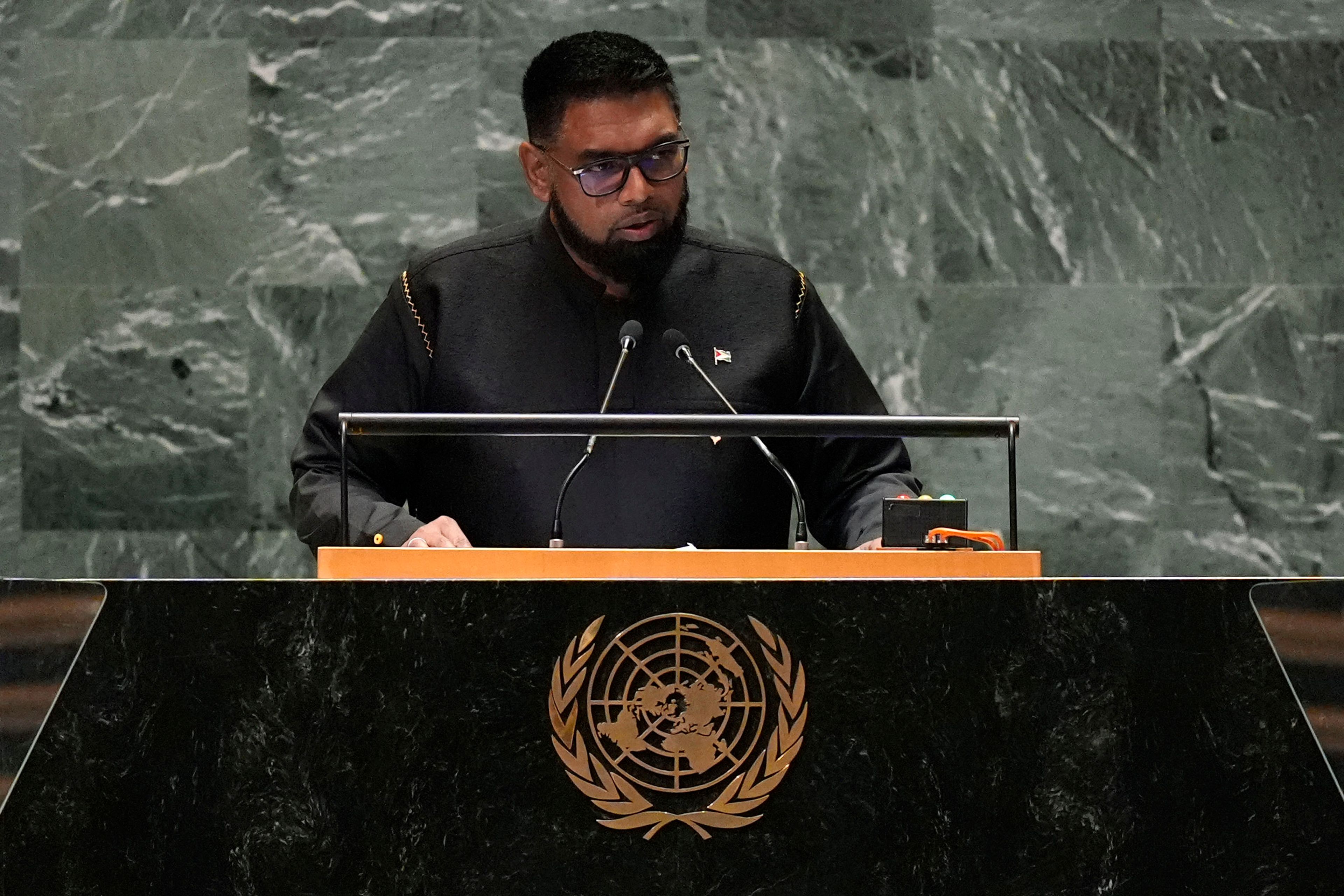 President of Guyana Mohamed Irfaan Ali addresses the 79th session of the United Nations General Assembly, Wednesday, Sept. 25, 2024. (AP Photo/Pamela Smith)