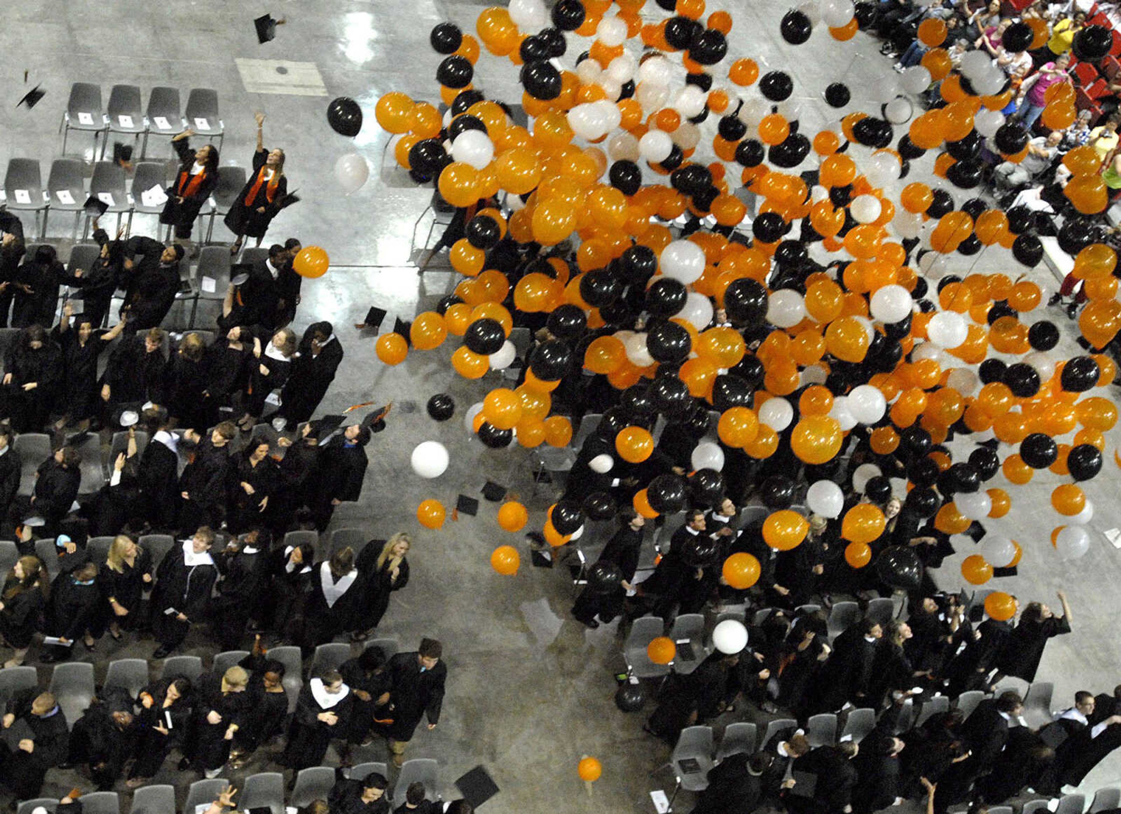 LAURA SIMON~lsimon@semissourian.com
Balloons drop and caps fly Sunday, May 16, 2010 as Cape Central High School graduates it's 2010 senior class at the Show Me Center.