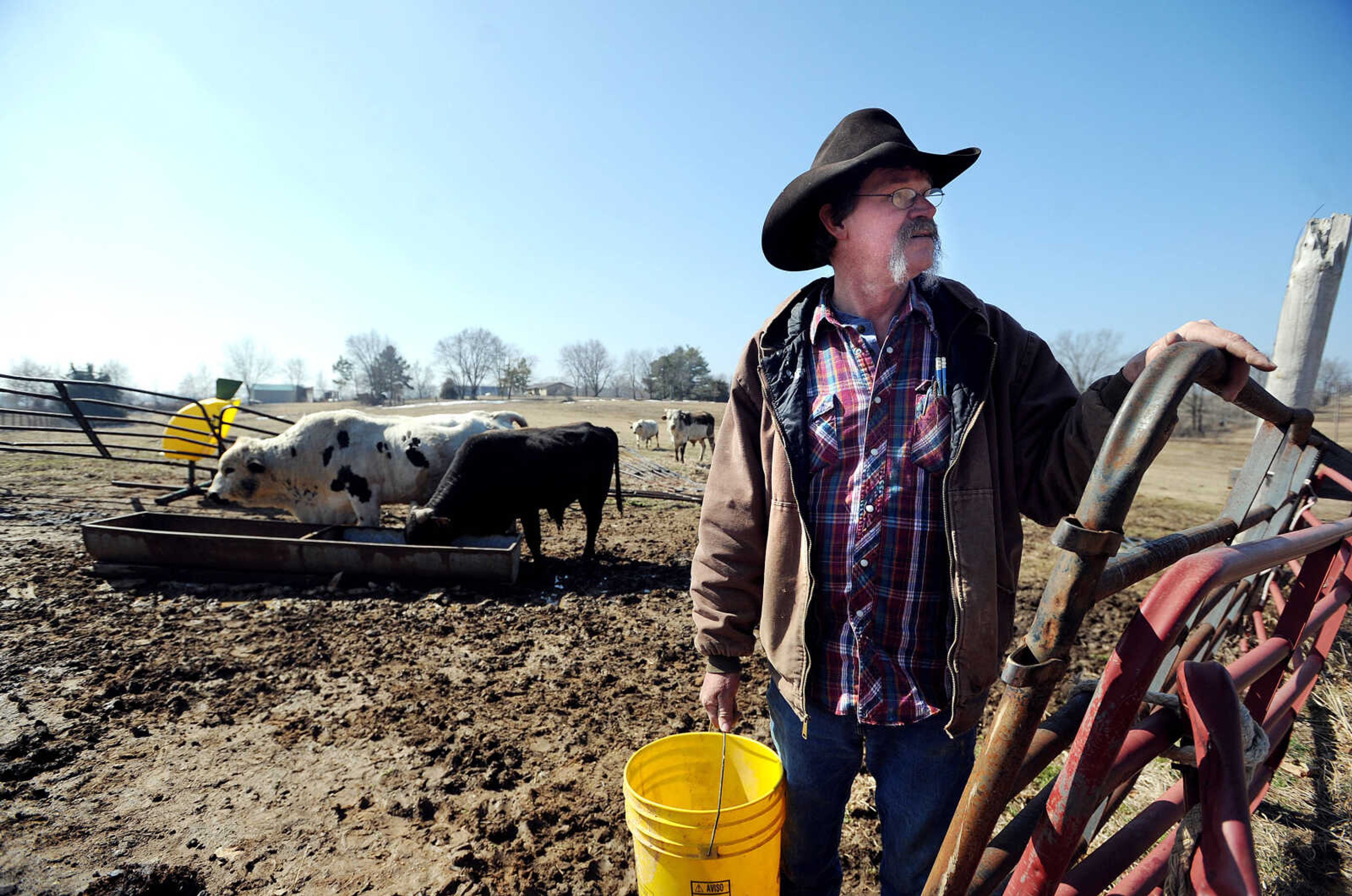 Louis Keena stands along a fence after feeding some of his steers at Rafter K Rodeo in Puxico, Mo. (Laura Simon)