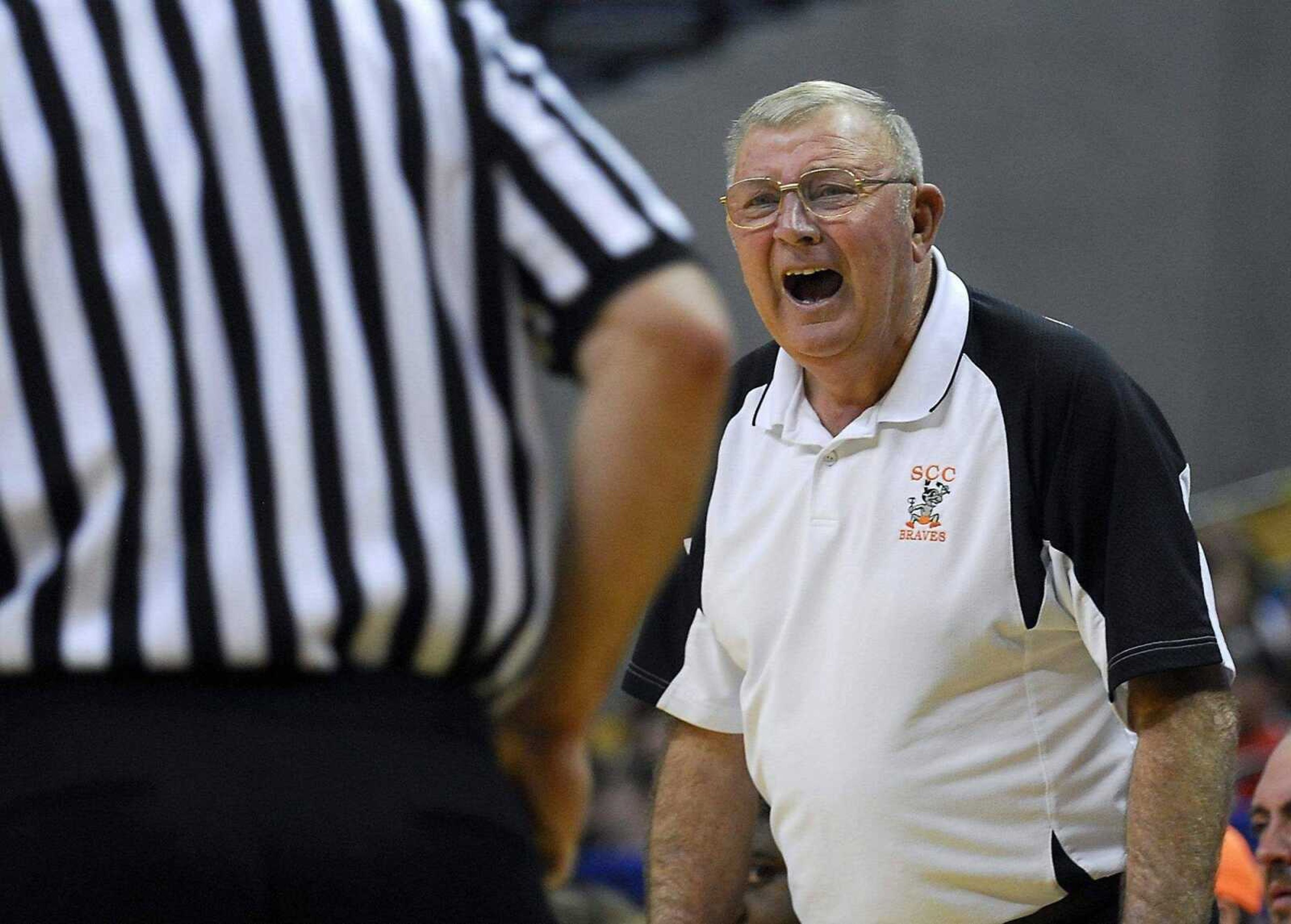 KIT DOYLE ~ kdoyle@semissourian.com<br>Braves coach Ronnie Cookson reacts to a no-call Thursday, March 19, 2009, in the Class 1 state semifinal at Mizzou Arena in Columbia.