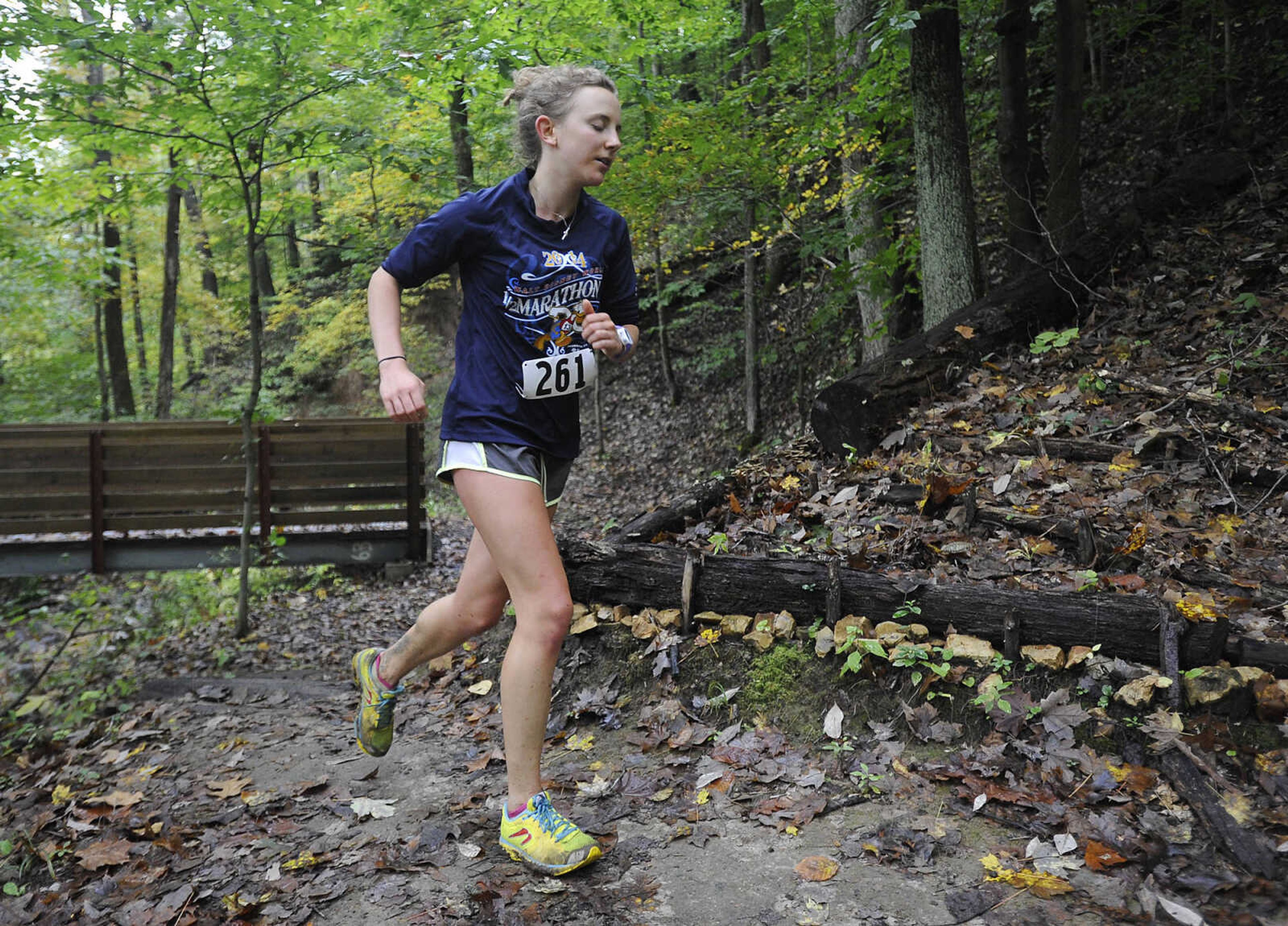 Tori Winter begins the Sheppard Point Trail in the first Trail of Tears 50k event Sunday, Oct. 12, 2014 at Trail of Tears State Park.