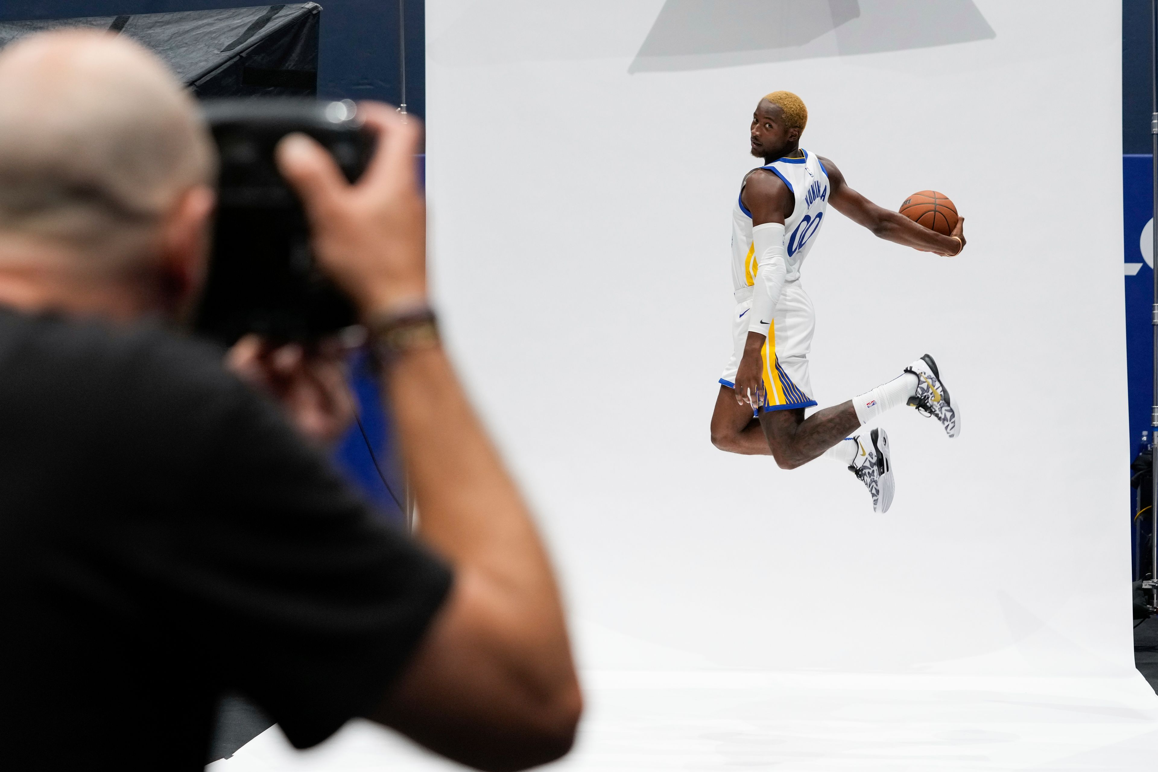 Golden State Warriors' Jonathan Kuminga poses for a photograph during the NBA basketball team's media day, Monday, Sept. 30, 2024, in Inglewood, Calif. (AP Photo/Ryan Sun)