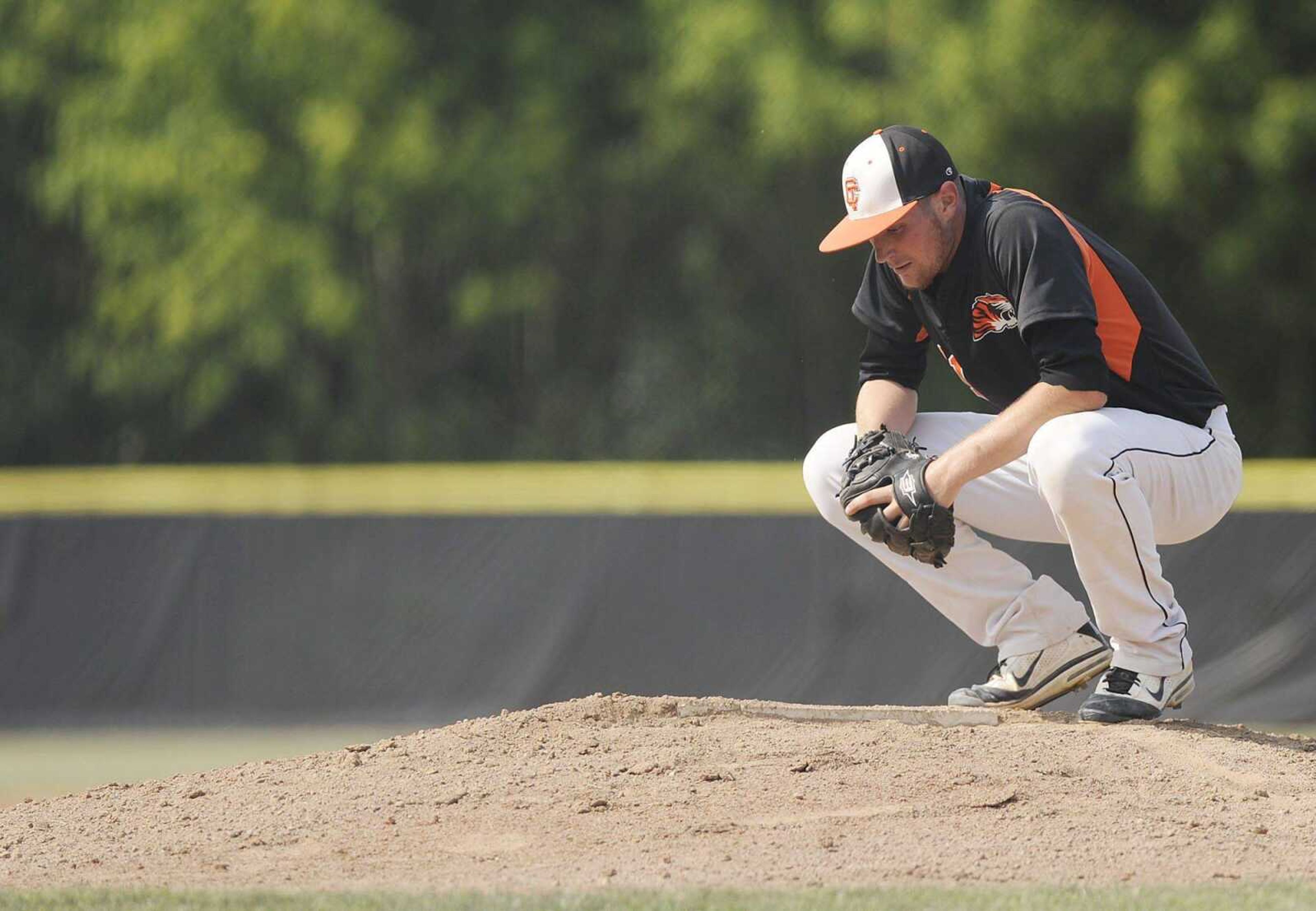 Central pitcher Aaron Wendel reacts after giving up a home run to a Rockwood Summit batter during the first inning of the Class 4 state quarterfinal game Thursday in Fenton Mo. Rockwood Summit scored eight runs in the inning on its way to a 13-2 victory in six innings. (ADAM VOGLER)