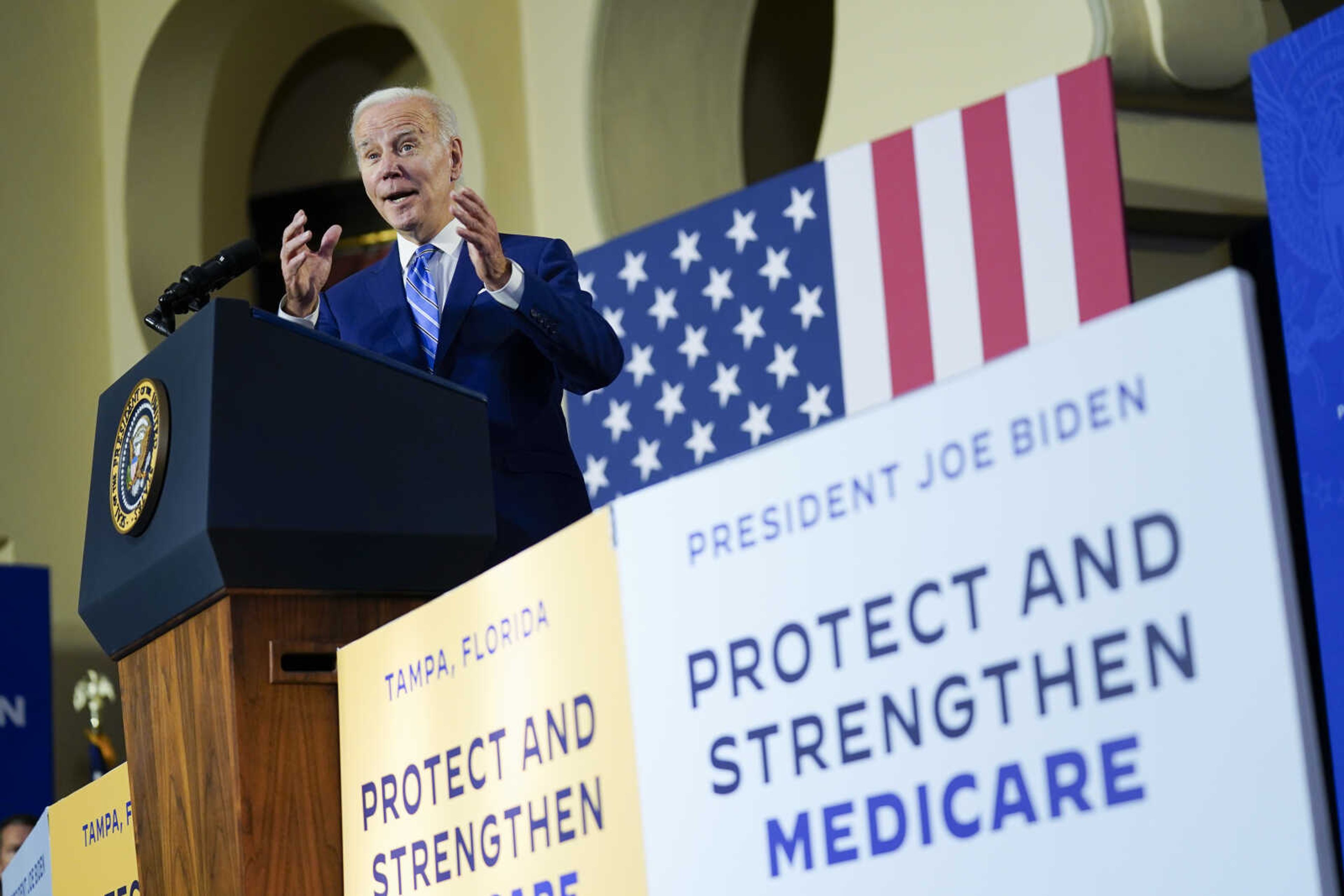 President Joe Biden speaks about his administration's plans to protect Social Security and Medicare and lower health care costs Feb. 9 at the University of Tampa in Tampa, Florida. In the federal budget standoff, the majority of U.S. adults are asking lawmakers to pull off the impossible: Cut the overall size of government, but also devote more money to the most popular and expensive programs.